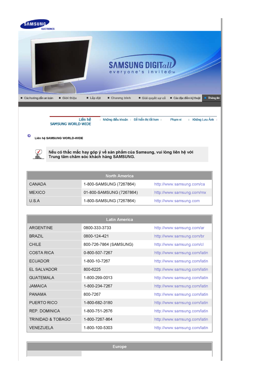 Samsung LS19HJDQHV/XSE, LS17HJDQHV/VNT manual North America 