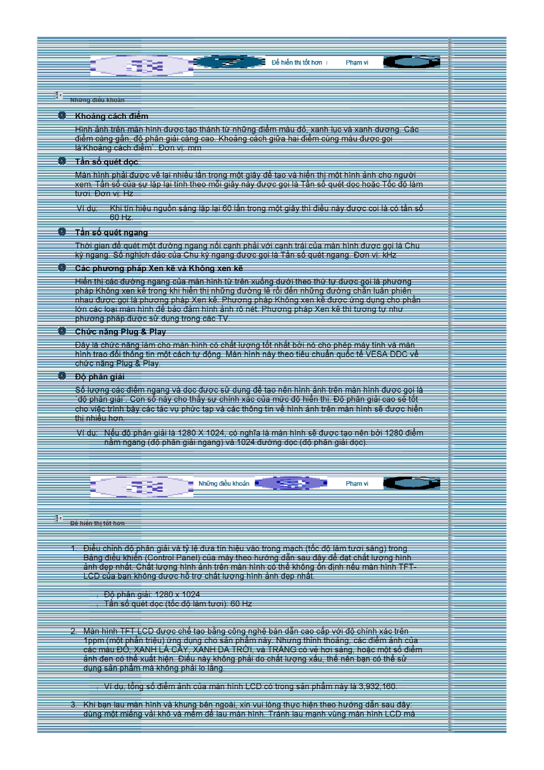 Samsung LS19HJDQHV/XSE manual Khoảng cách điểm, Tần số quét dọc, Tần số quét ngang, Các phương pháp Xen kẽ và Không xen kẽ 