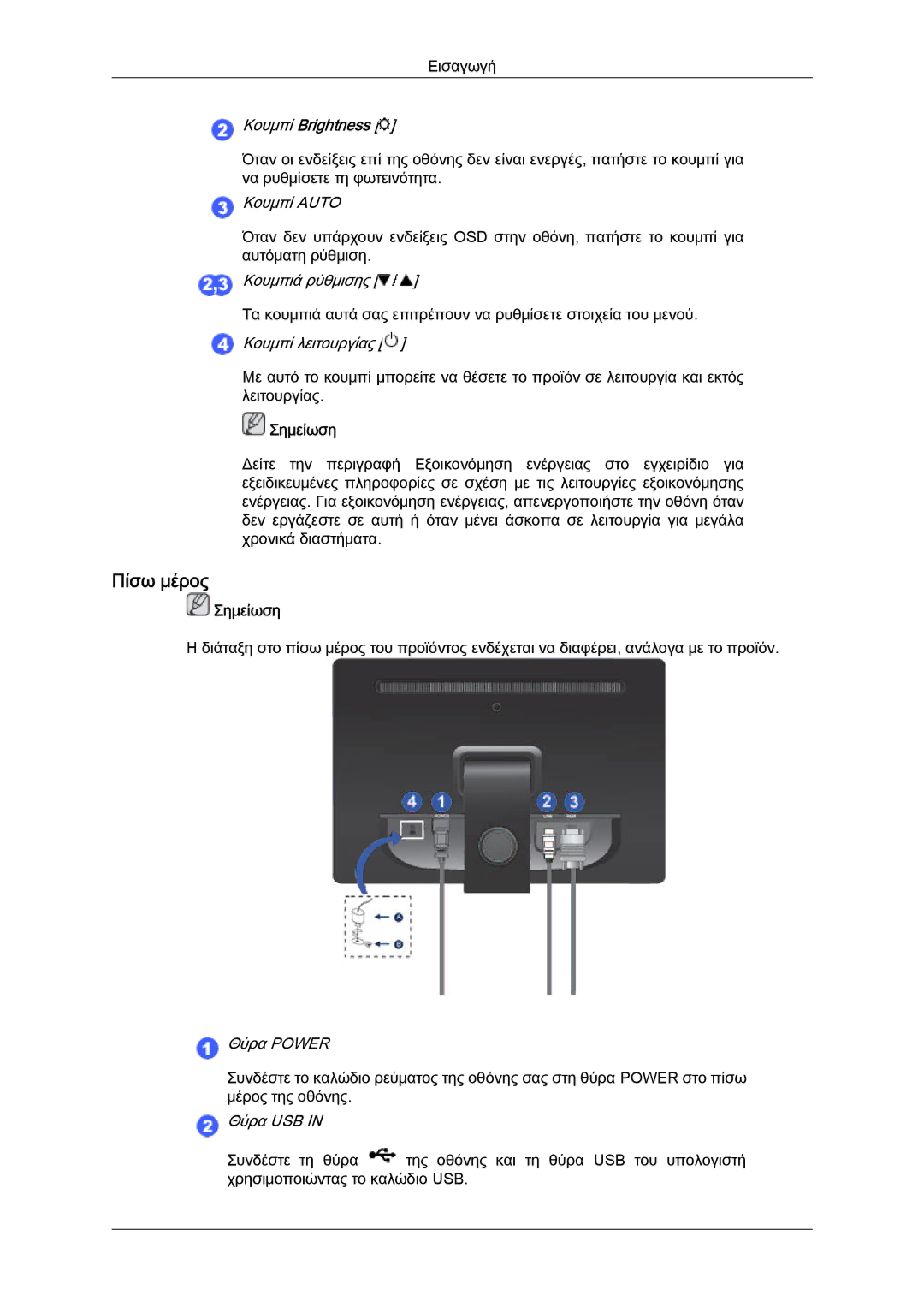 Samsung LS19LFUGF8/EN, LS22LFUGFY/EN, LS22LFUGF/EN manual Πίσω μέρος, Κουμπί Brightness 