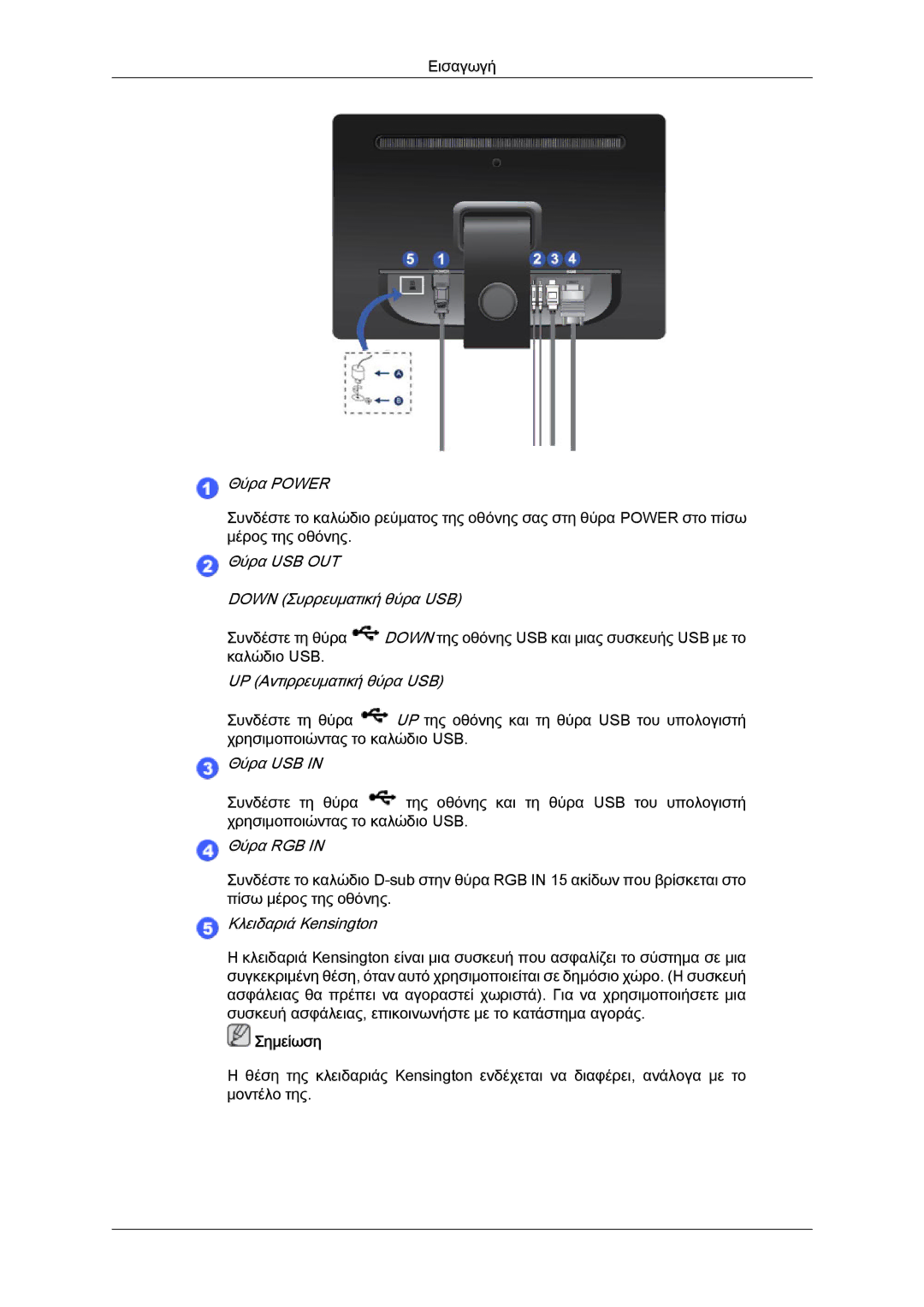 Samsung LS22LFUGFY/EN, LS19LFUGF8/EN, LS22LFUGF/EN manual Θύρα USB OUT Down Συρρευματική θύρα USB 