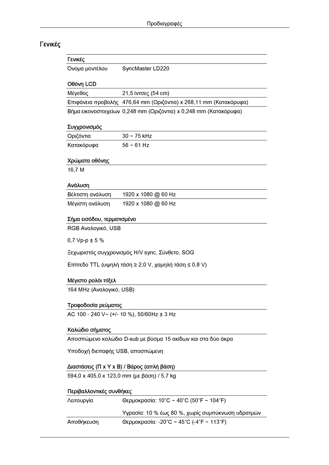 Samsung LS22LFUGF/EN, LS19LFUGF8/EN, LS22LFUGFY/EN manual Όνομα μοντέλου SyncMaster LD220 