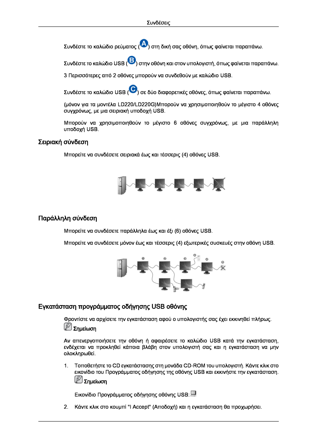 Samsung LS22LFUGF/EN manual Σειριακή σύνδεση, Παράλληλη σύνδεση, Εγκατάσταση προγράμματος οδήγησης USB οθόνης, Σημείωση 