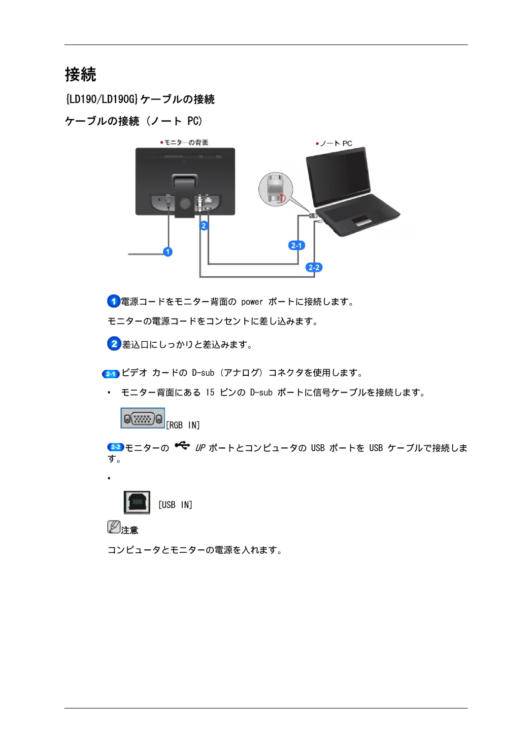 Samsung LS19LFUGF8/XJ, LS19LFUGFZ/XJ, LS19LFUGF/XJ, LS22LFUGF8/XJ, LS22LFUGFZ/XJ manual LD190/LD190Gケーブルの接続 ケーブルの接続 ノート PC 