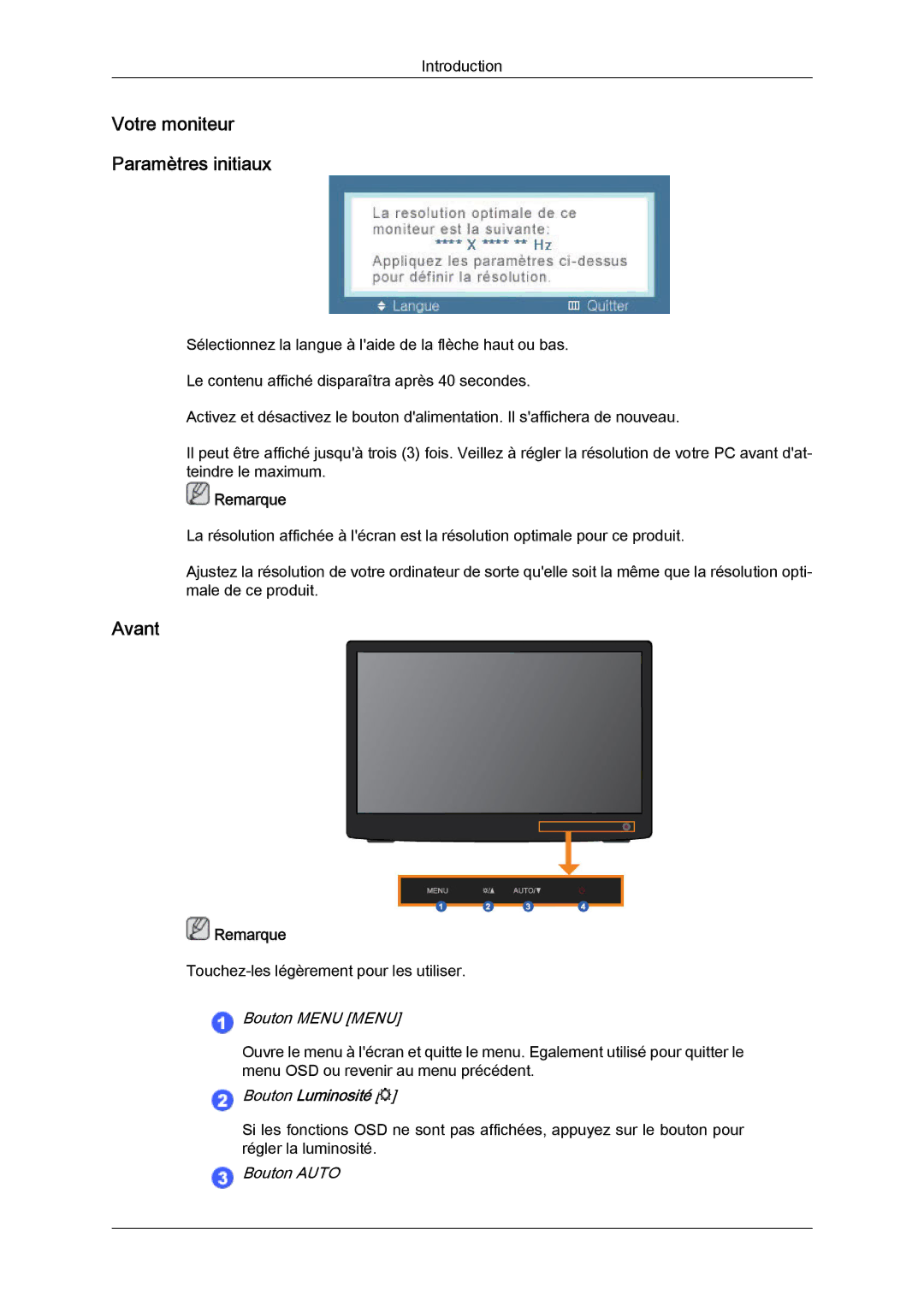 Samsung LS22LFUGFY/EN, LS19LFUGFZ/XJ, LS22LFUGFZ/XJ, LS19LFUGF8/EN, LS19LFUGF/EN Votre moniteur Paramètres initiaux, Avant 