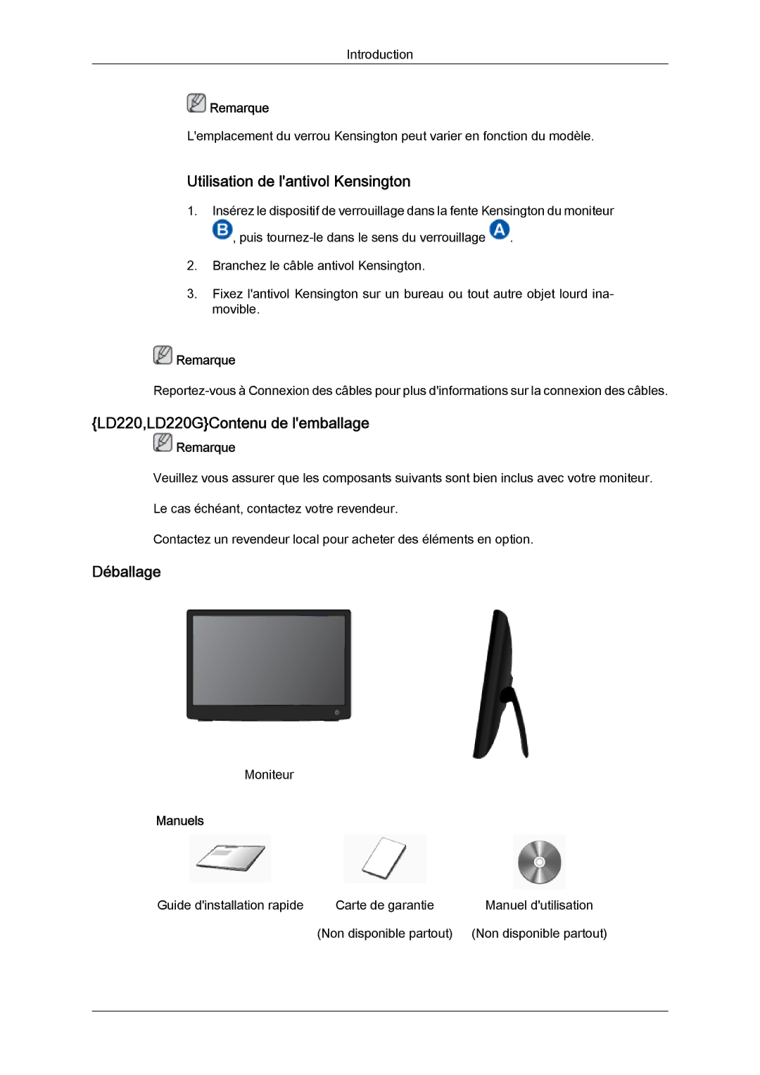 Samsung LS19LFUGFZ/ZA, LS19LFUGFZ/XJ, LS22LFUGFZ/XJ Utilisation de lantivol Kensington, LD220,LD220GContenu de lemballage 