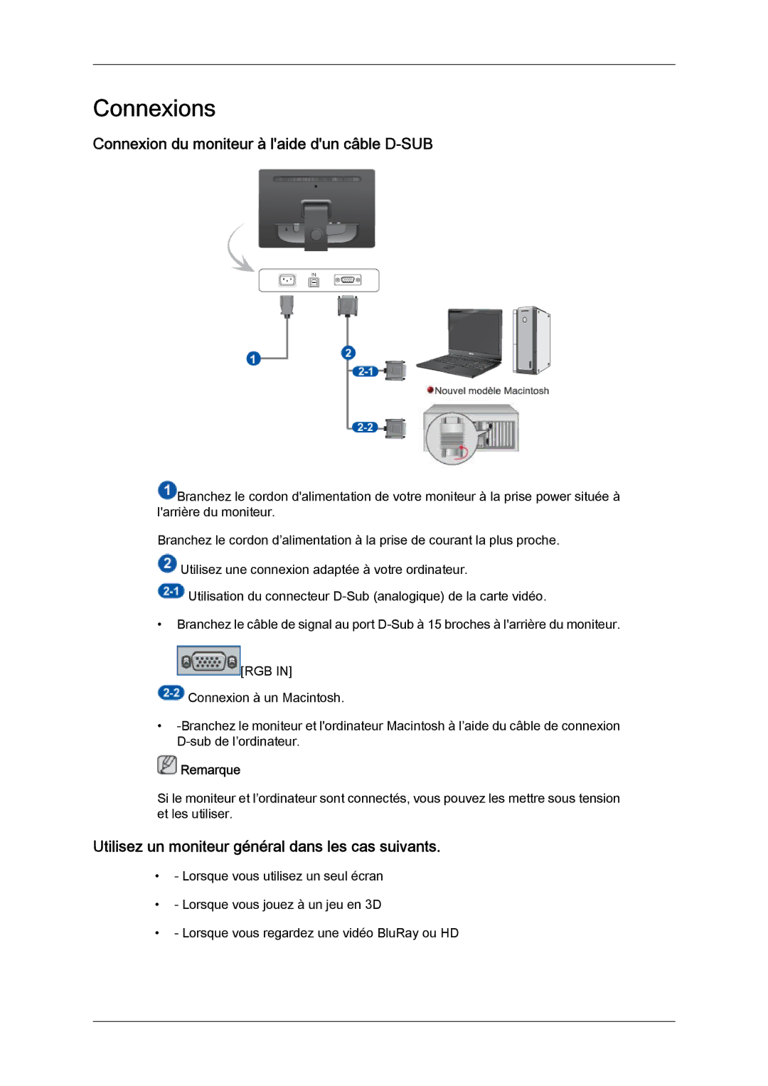 Samsung LS22LFUGFY/EN, LS19LFUGFZ/XJ, LS22LFUGFZ/XJ, LS19LFUGF8/EN Connexions, Connexion du moniteur à laide dun câble D-SUB 