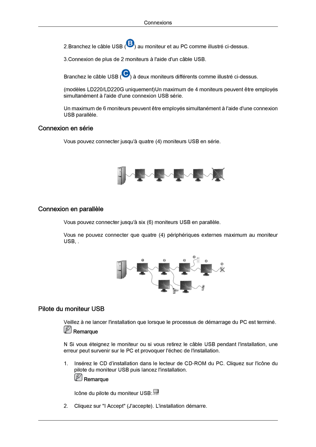 Samsung LS19LFUGFZ/ZA, LS19LFUGFZ/XJ, LS22LFUGFZ/XJ manual Connexion en série, Connexion en parallèle, Pilote du moniteur USB 