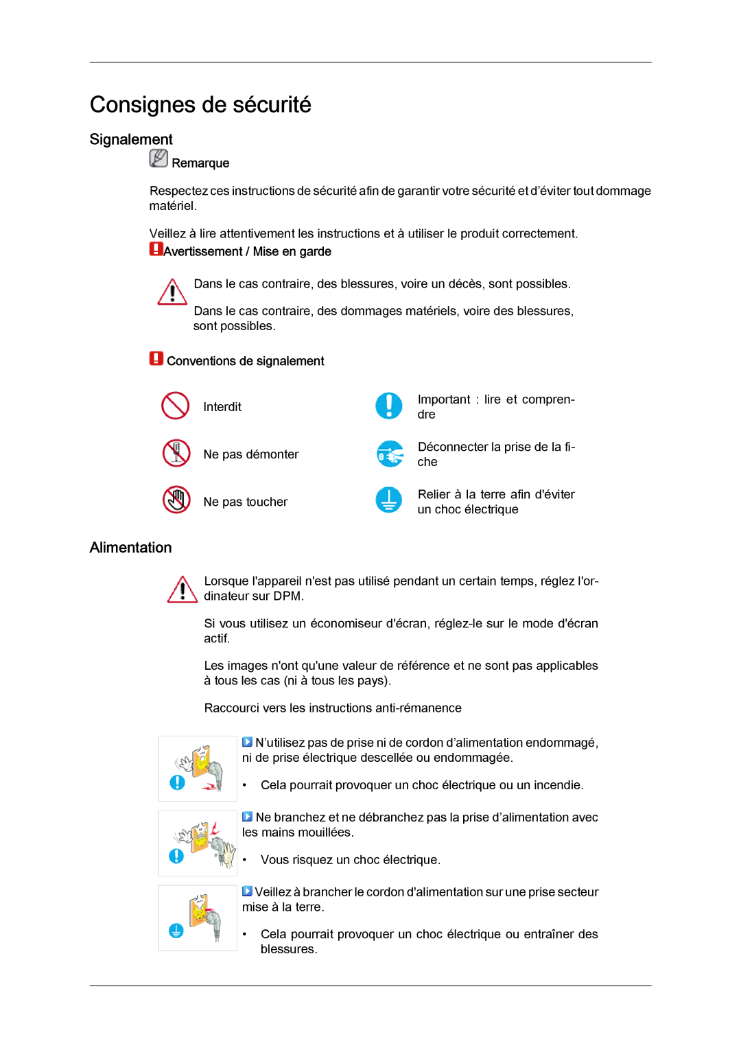 Samsung LS19LFUGF8/EN, LS19LFUGFZ/XJ, LS22LFUGFZ/XJ, LS22LFUGFY/EN manual Consignes de sécurité, Signalement, Alimentation 