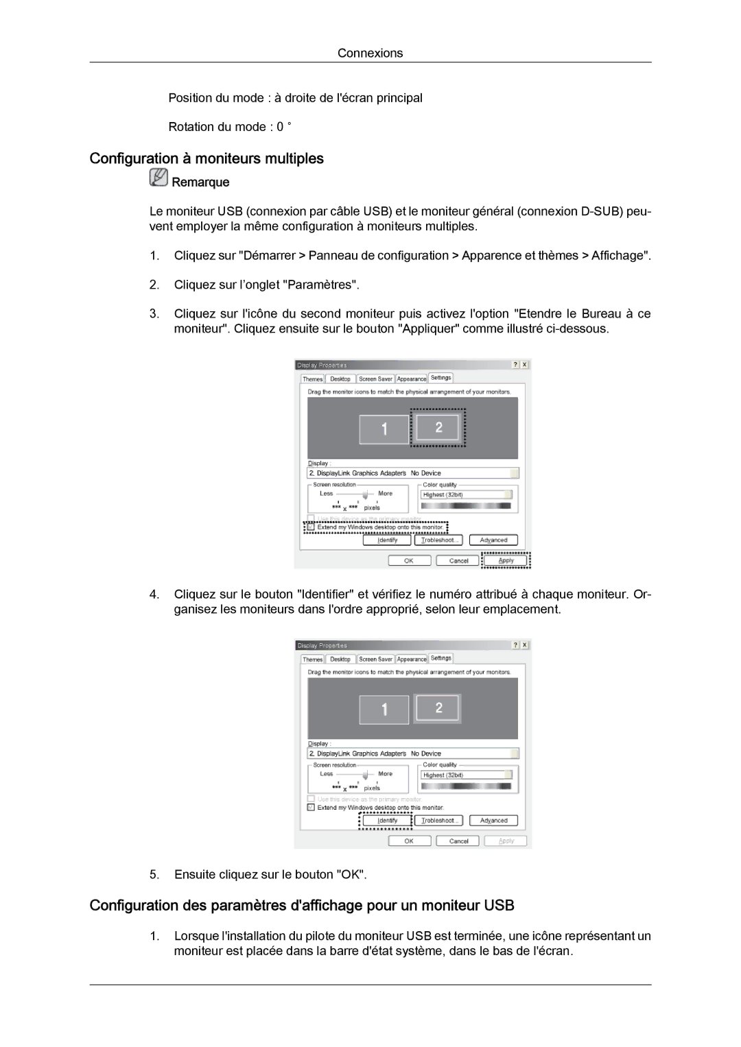 Samsung LS19LFUGFZ/XJ Configuration à moniteurs multiples, Configuration des paramètres daffichage pour un moniteur USB 