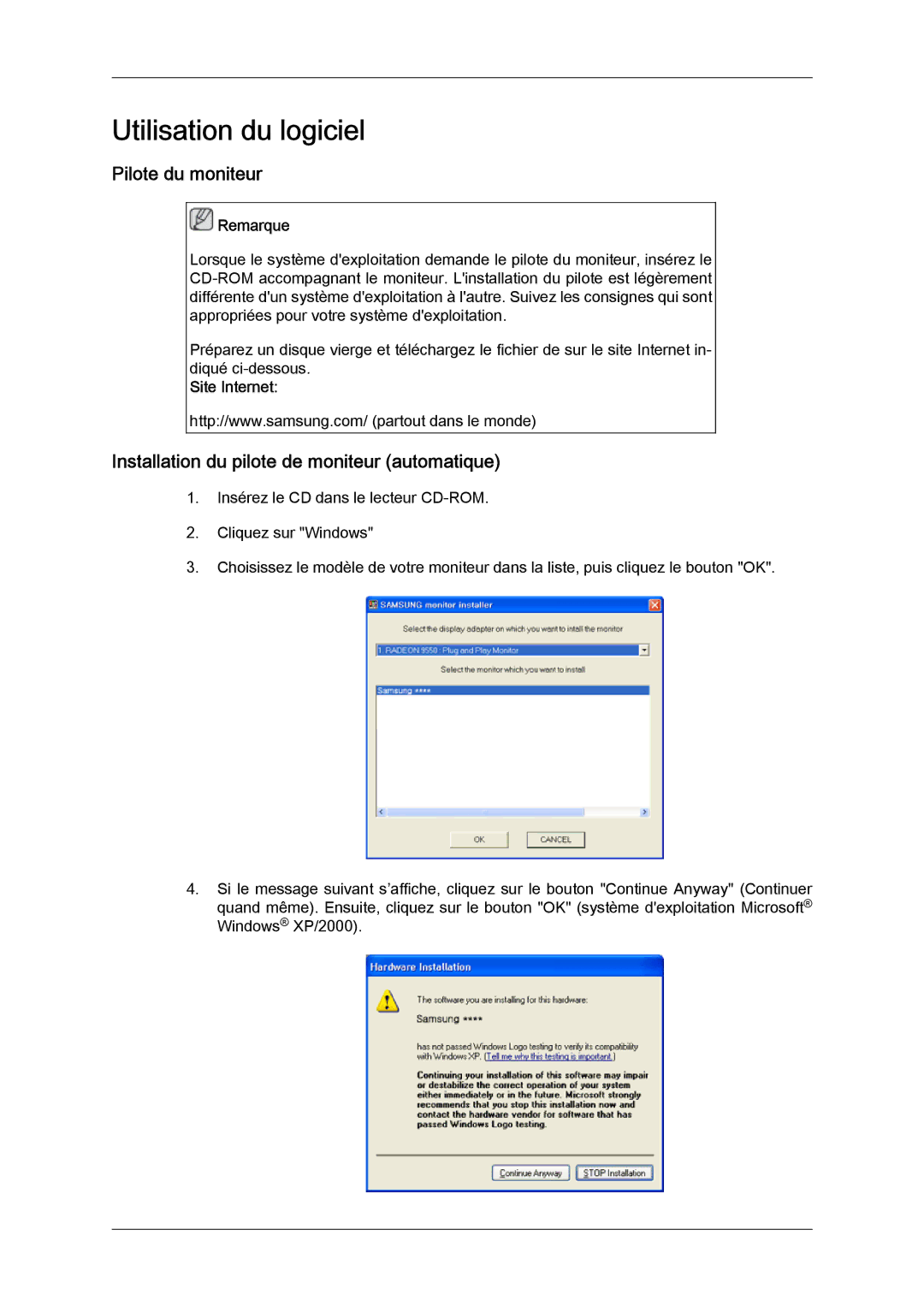 Samsung LS22LFUGF/EN manual Utilisation du logiciel, Pilote du moniteur, Installation du pilote de moniteur automatique 