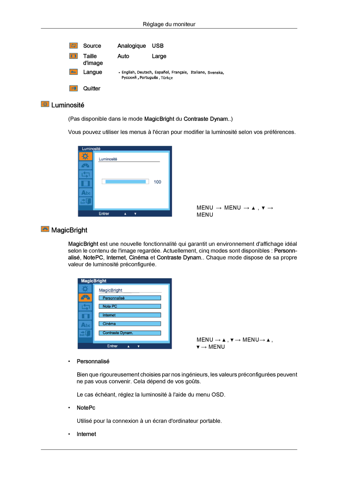 Samsung LS19LFUGF8/EN, LS19LFUGFZ/XJ, LS22LFUGFZ/XJ, LS22LFUGFY/EN, LS19LFUGF/EN, LS19LFUGFZ/ZA manual MagicBright, Personnalisé 