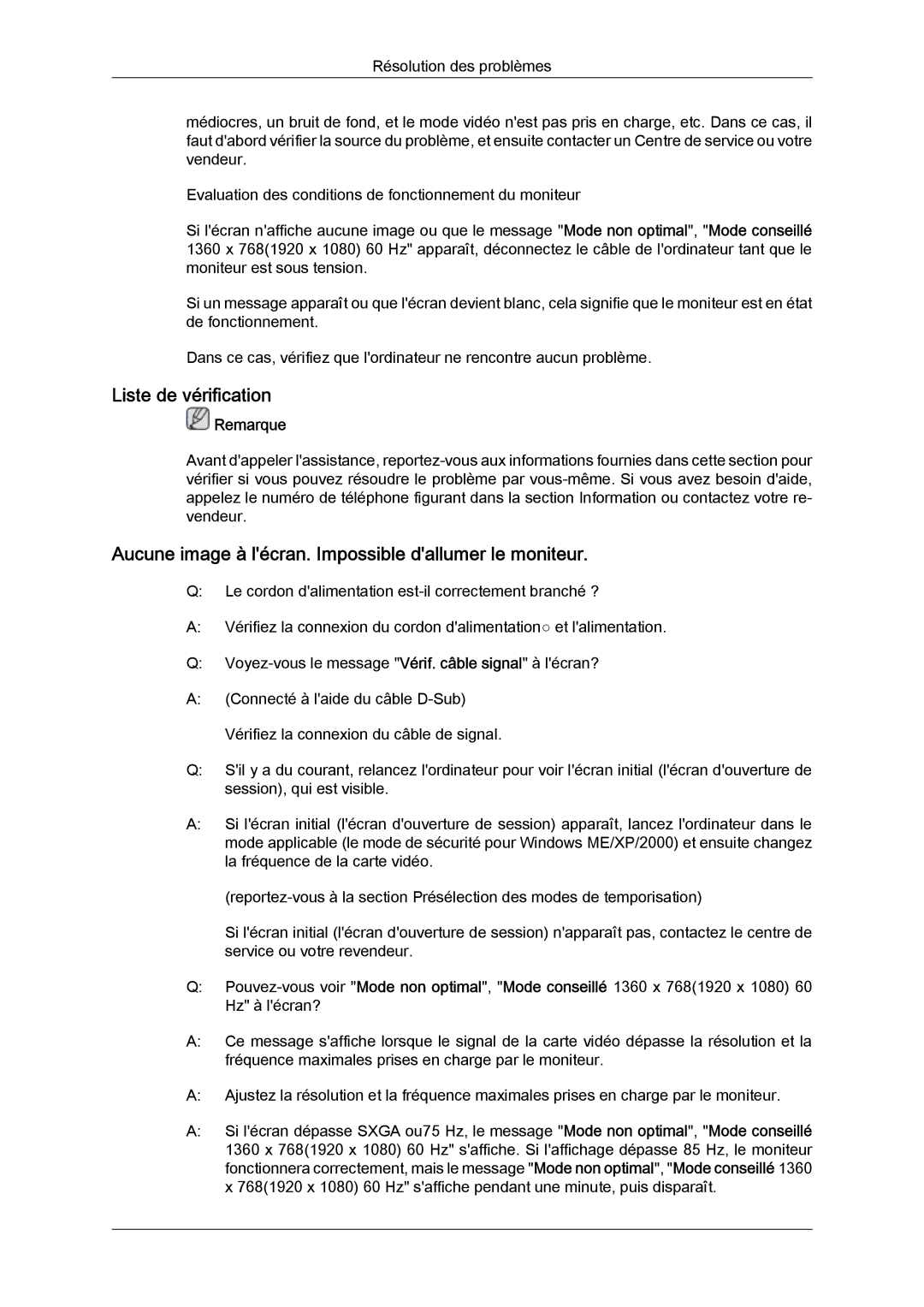 Samsung LS22LFUGF/EN, LS19LFUGFZ/XJ manual Liste de vérification, Aucune image à lécran. Impossible dallumer le moniteur 