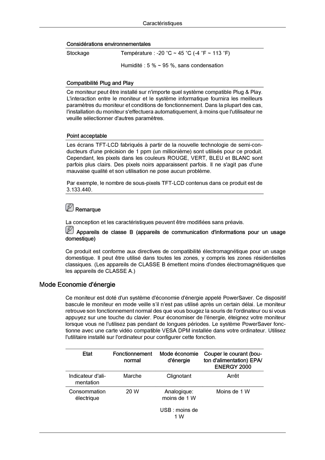 Samsung LS19LFUGFZ/ZA, LS19LFUGFZ/XJ, LS22LFUGFZ/XJ, LS19LFUGF8/EN manual Mode Economie dénergie, Compatibilité Plug and Play 