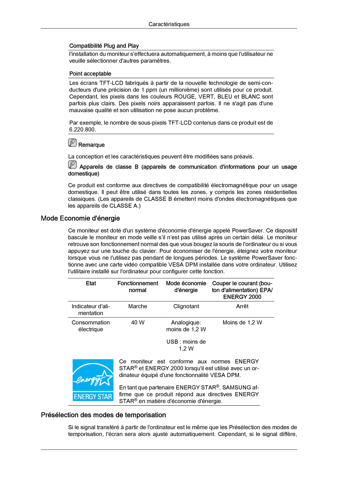 Samsung LS19LFUGFZ/XJ, LS22LFUGFZ/XJ, LS19LFUGF8/EN, LS22LFUGFY/EN, LS19LFUGF/EN, LS19LFUGFZ/ZA manual Mode Economie dénergie 