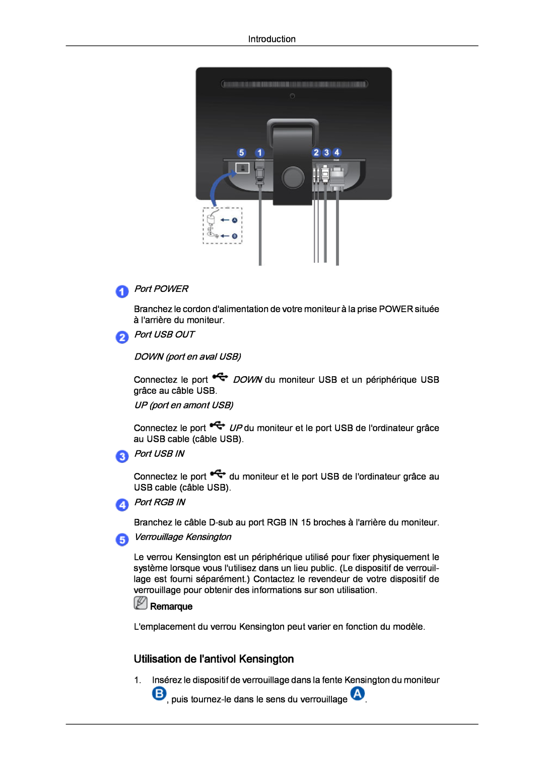 Samsung LS22LFUGFZ/XJ manual DOWN port en aval USB, UP port en amont USB, Port USB IN, Utilisation de lantivol Kensington 