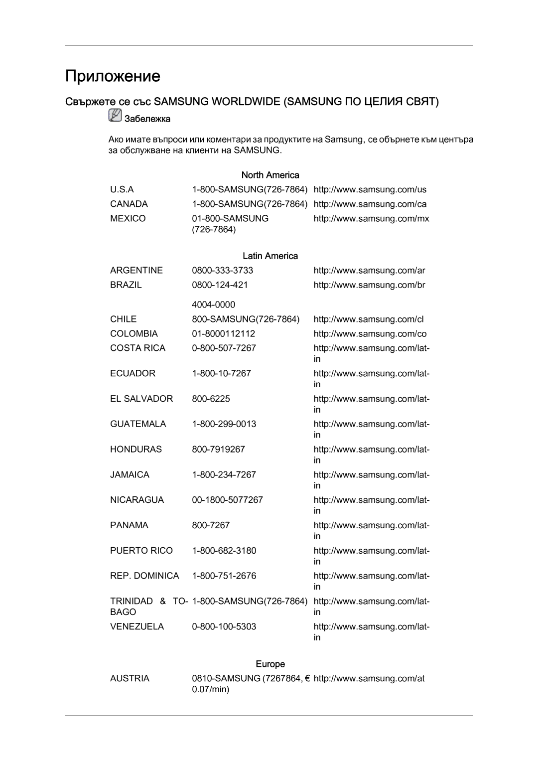 Samsung LS19LFYGF/EN Приложение, Свържете се със Samsung Worldwide Samsung ПО Целия Свят, North America, Latin America 