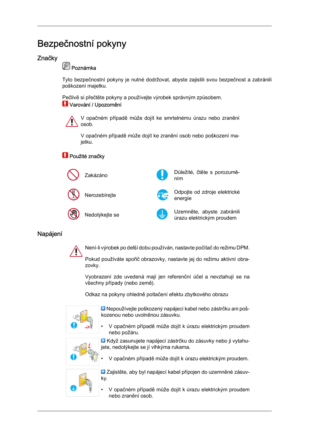 Samsung LS19LFYGF/EN manual Bezpečnostní pokyny, Značky, Napájení 