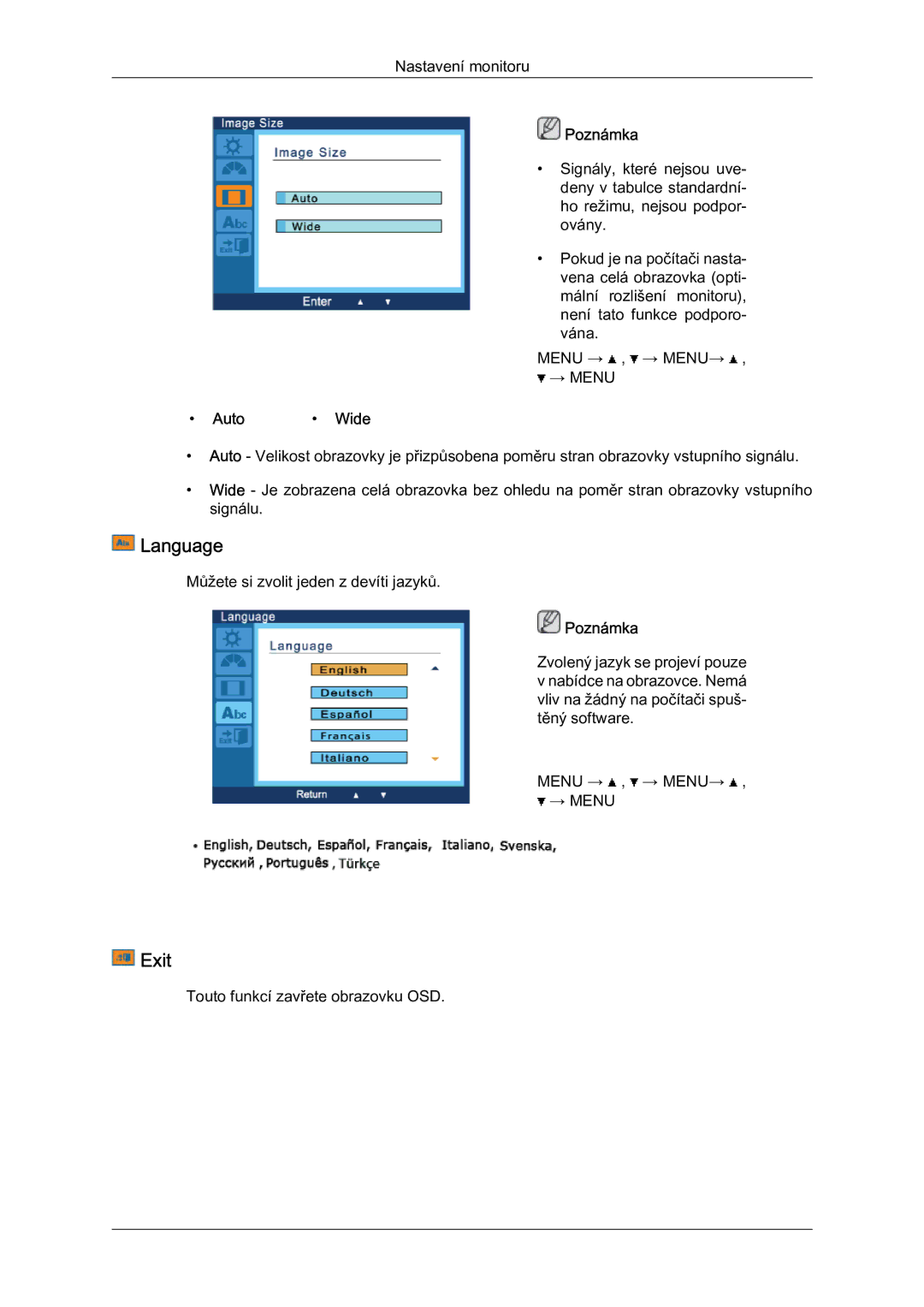 Samsung LS19LFYGF/EN manual Language, Exit, Auto Wide 