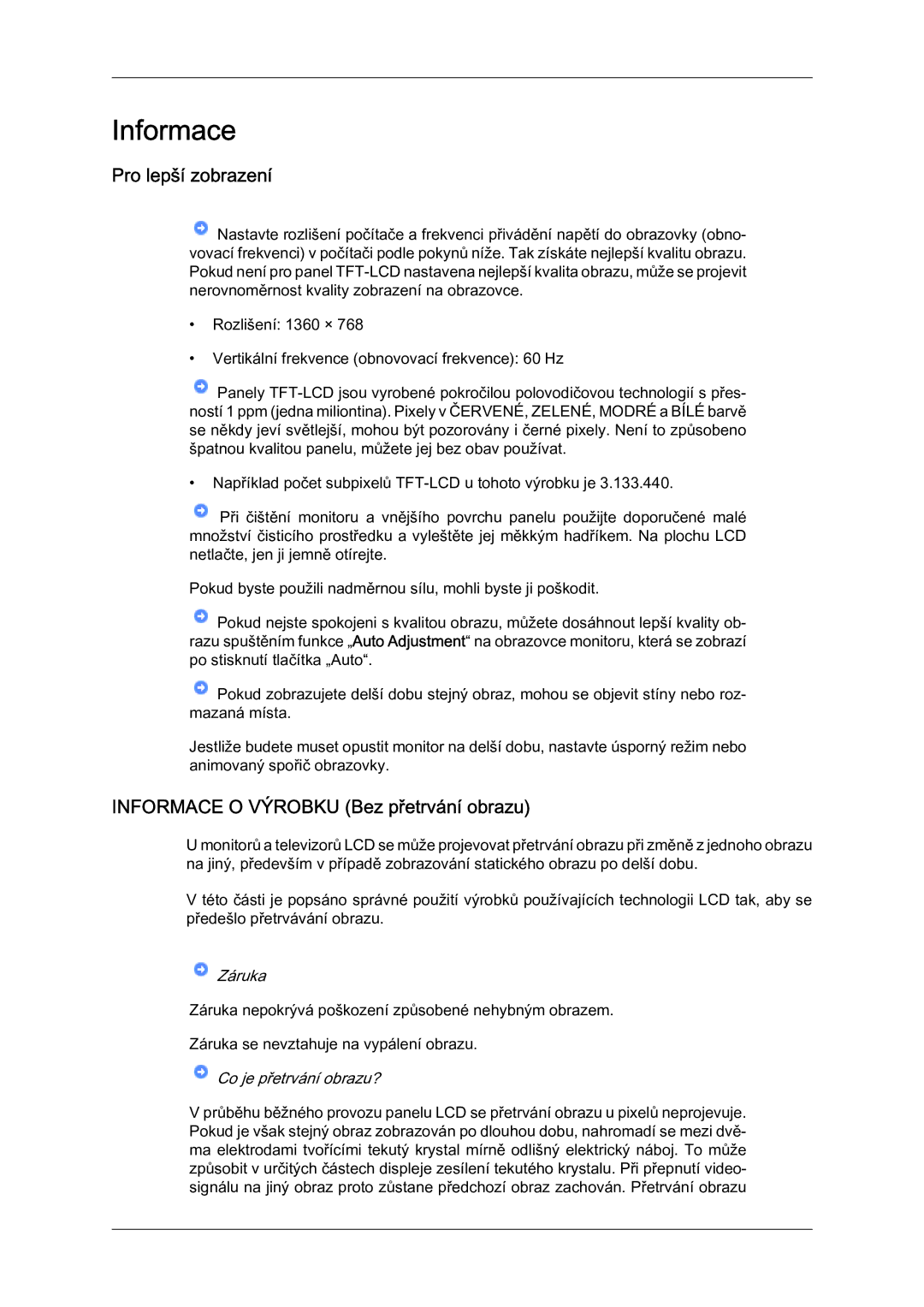 Samsung LS19LFYGF/EN manual Pro lepší zobrazení, Informace O Výrobku Bez přetrvání obrazu 