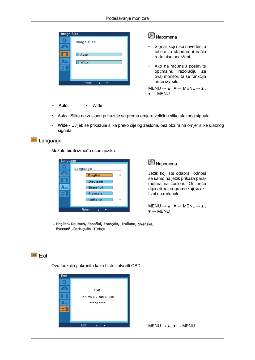 Samsung LS19LFYGF/EN manual Language, Exit, Auto Wide 