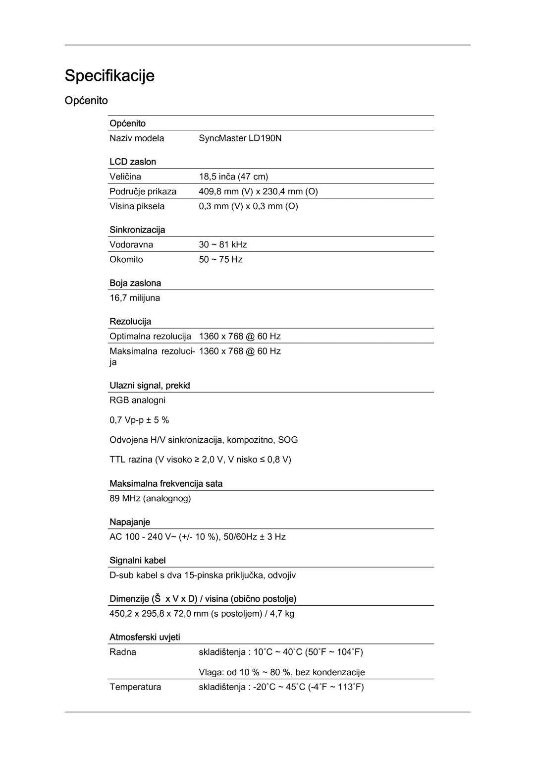 Samsung LS19LFYGF/EN manual Specifikacije, Općenito 