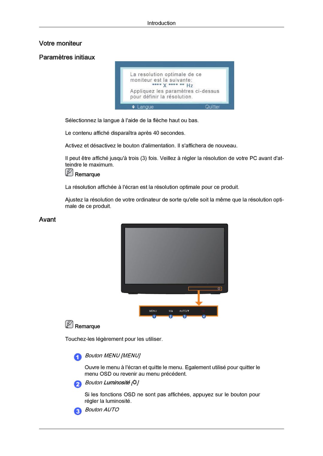 Samsung LS19LFYGFR/EN, LS19LFYGF/EN manual Votre moniteur Paramètres initiaux, Avant 