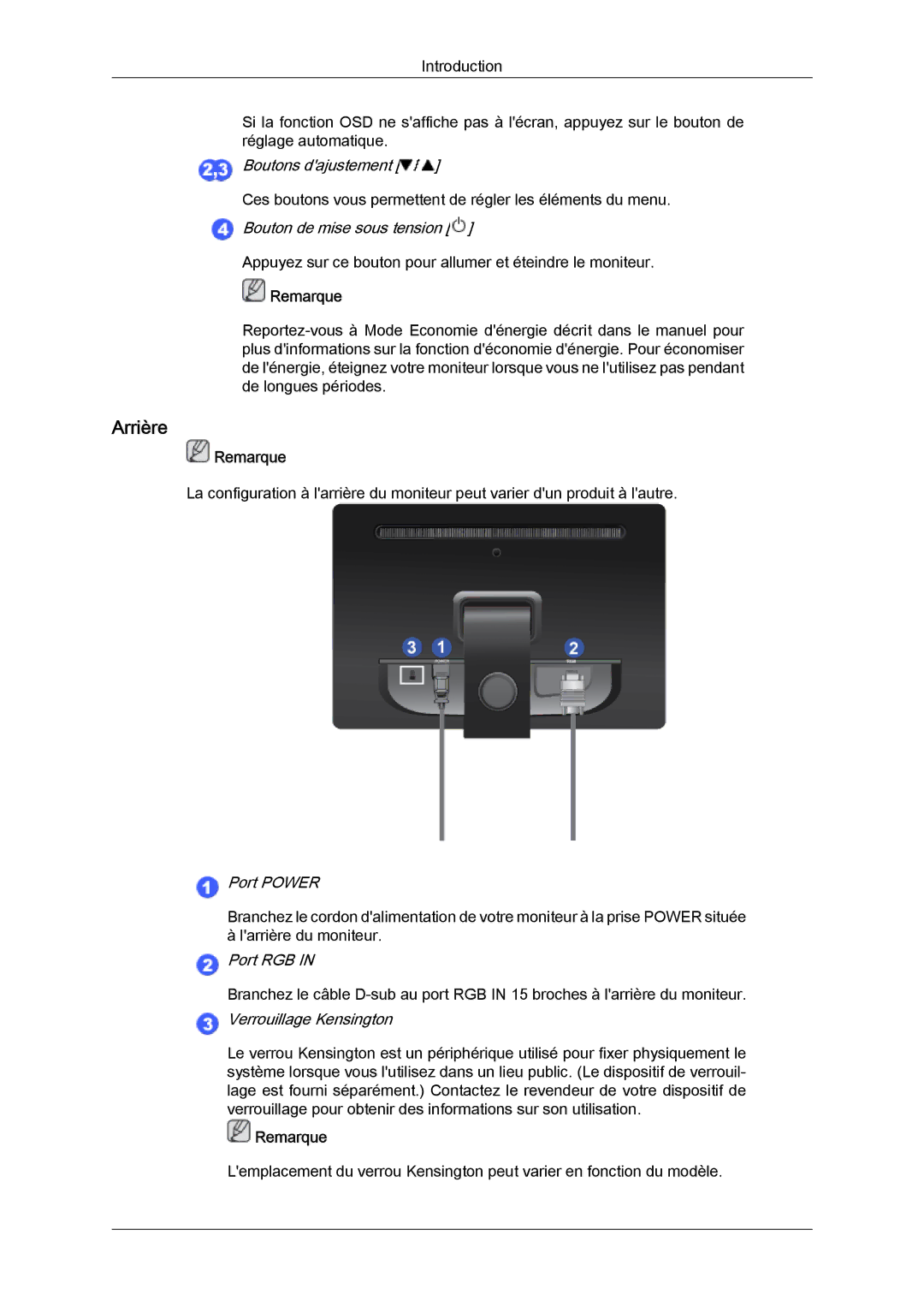 Samsung LS19LFYGF/EN, LS19LFYGFR/EN manual Arrière, Port Power 