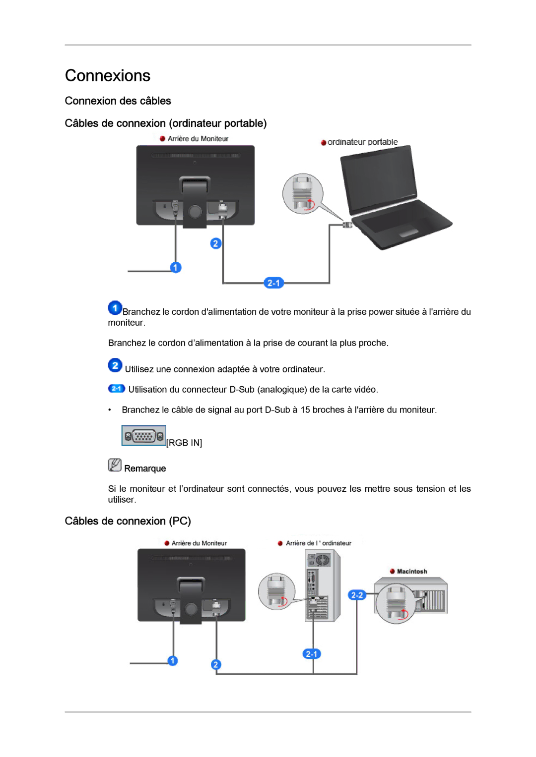 Samsung LS19LFYGF/EN, LS19LFYGFR/EN manual Connexions, Câbles de connexion PC 