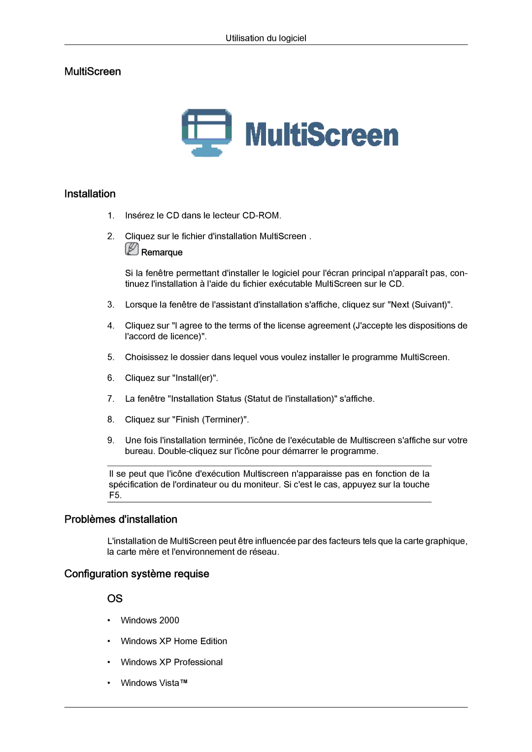 Samsung LS19LFYGFR/EN, LS19LFYGF/EN manual MultiScreen Installation, Problèmes dinstallation, Configuration système requise 