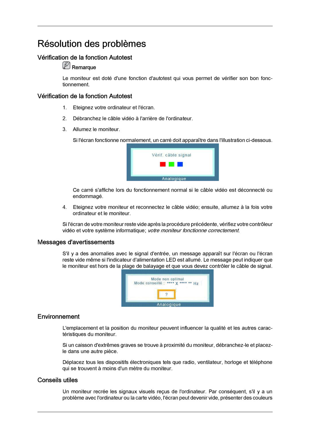 Samsung LS19LFYGFR/EN manual Résolution des problèmes, Vérification de la fonction Autotest, Messages davertissements 