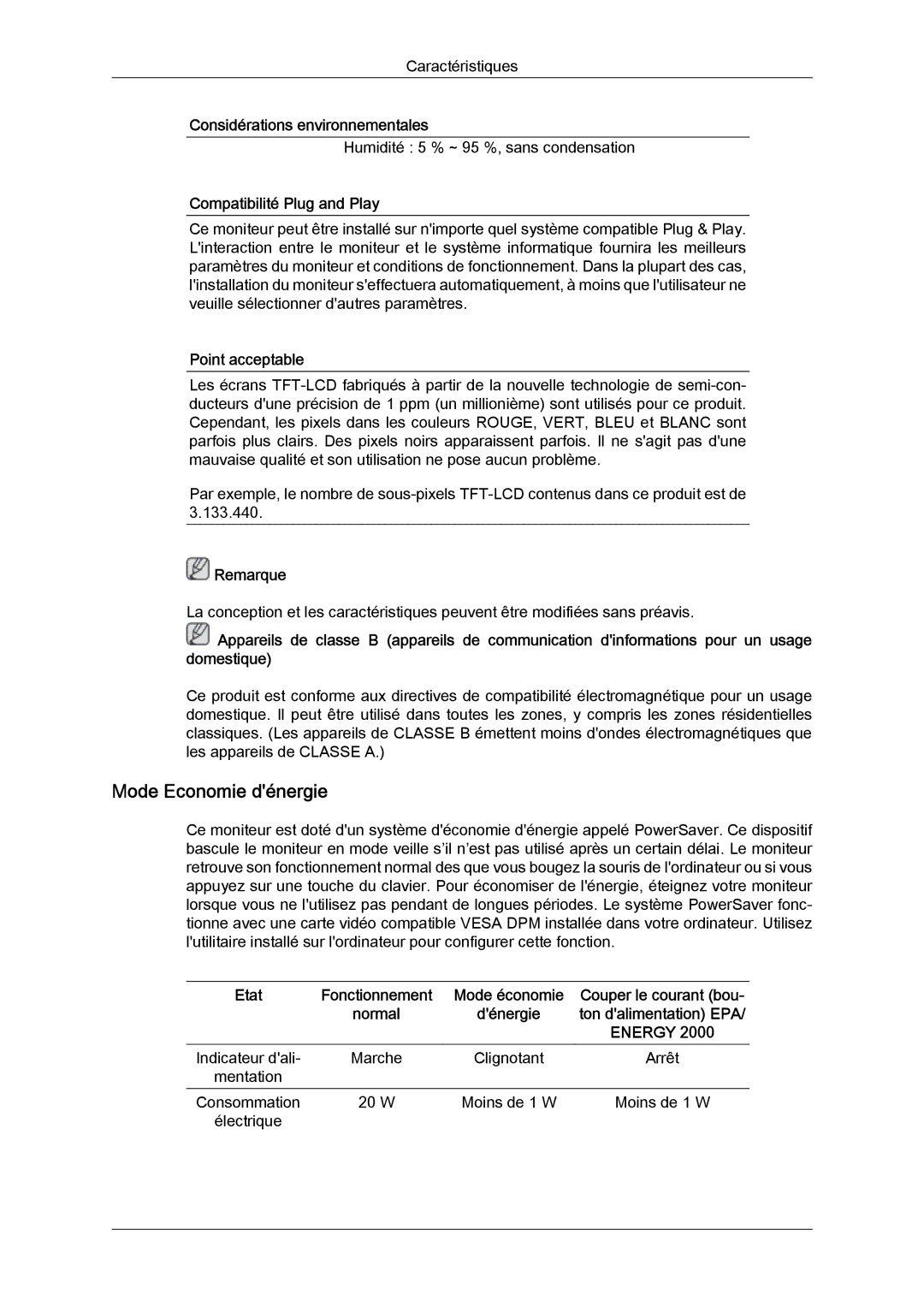 Samsung LS19LFYGFR/EN, LS19LFYGF/EN manual Mode Economie dénergie, Compatibilité Plug and Play, Point acceptable 