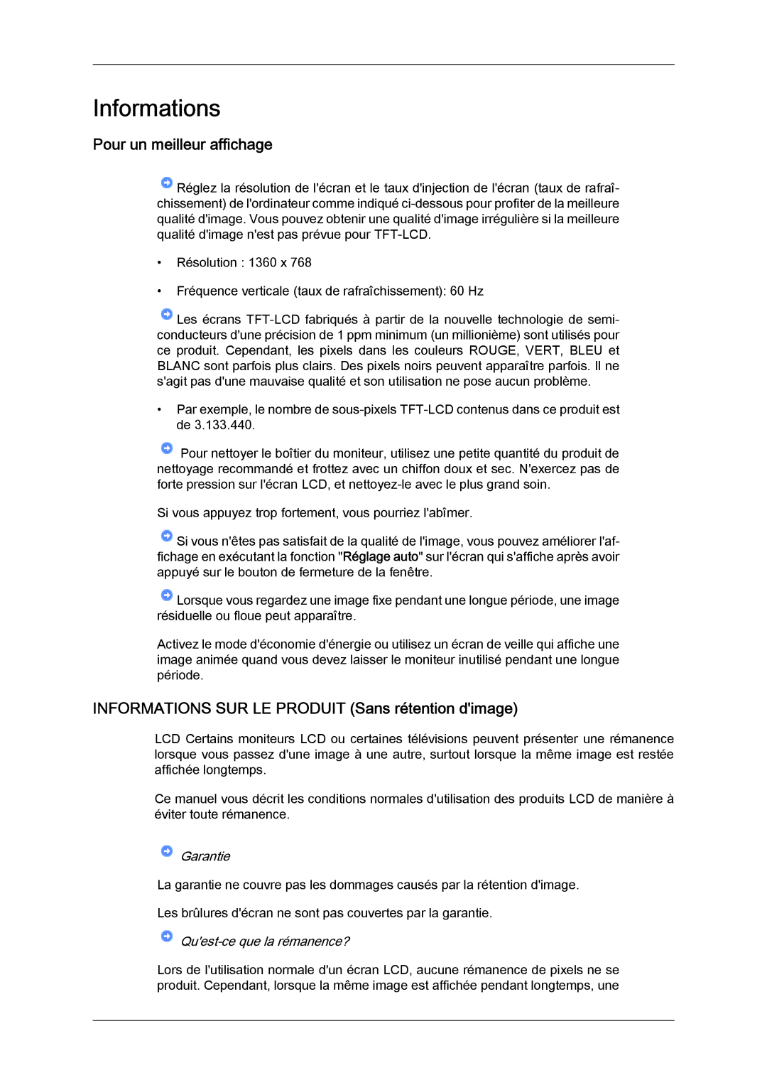 Samsung LS19LFYGFR/EN, LS19LFYGF/EN manual Pour un meilleur affichage, Informations SUR LE Produit Sans rétention dimage 