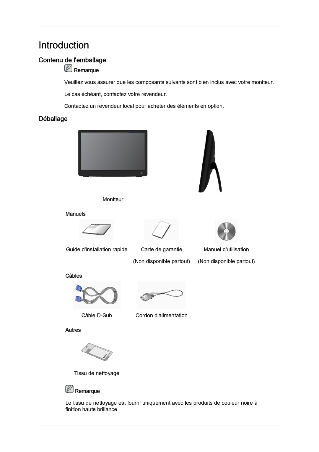 Samsung LS19LFYGF/EN, LS19LFYGFR/EN manual Introduction, Contenu de lemballage, Déballage 