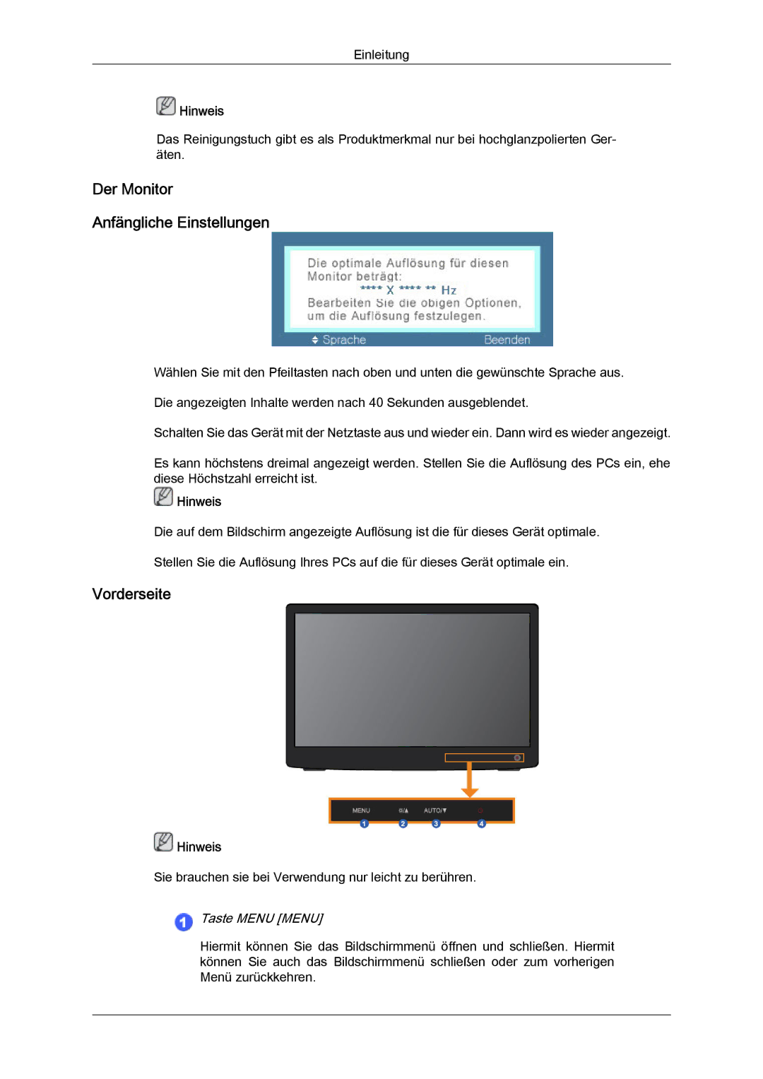 Samsung LS19LFYGF/EN, LS19LFYGFR/EN manual Der Monitor Anfängliche Einstellungen, Vorderseite 