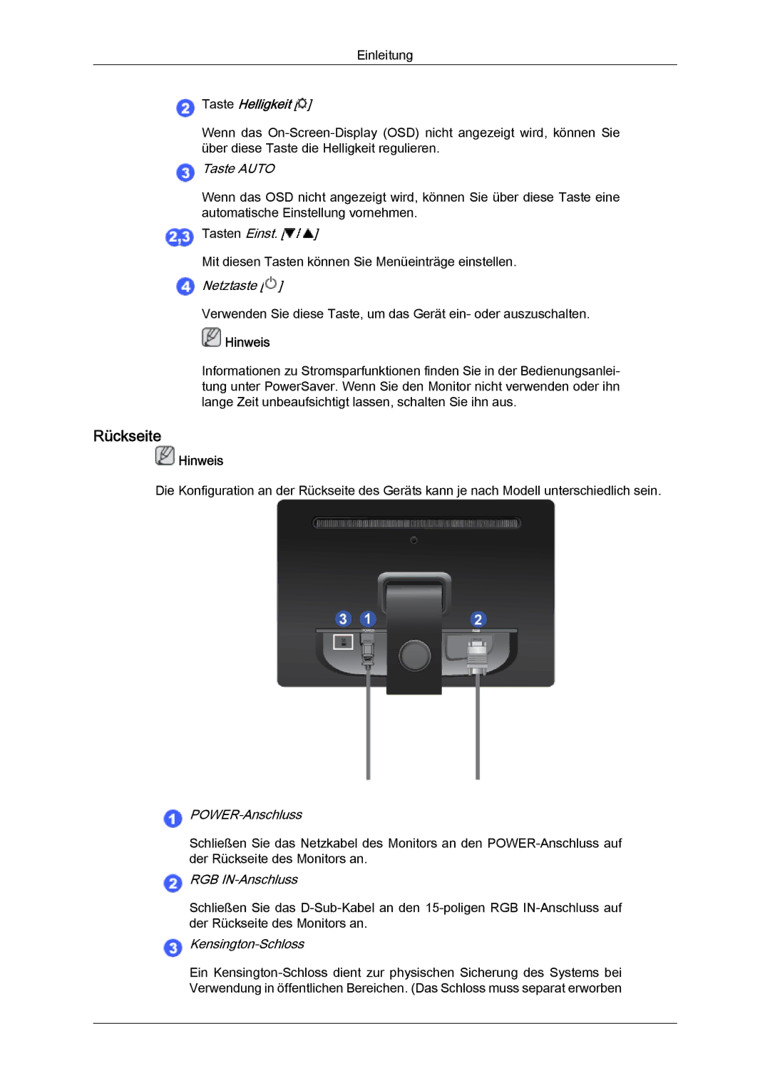 Samsung LS19LFYGFR/EN, LS19LFYGF/EN manual Rückseite, Taste Helligkeit 