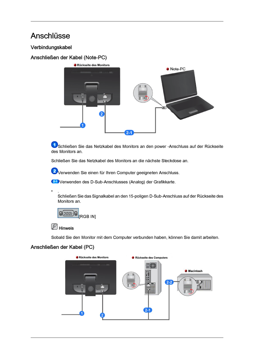 Samsung LS19LFYGFR/EN, LS19LFYGF/EN Anschlüsse, Verbindungskabel Anschließen der Kabel Note-PC, Anschließen der Kabel PC 