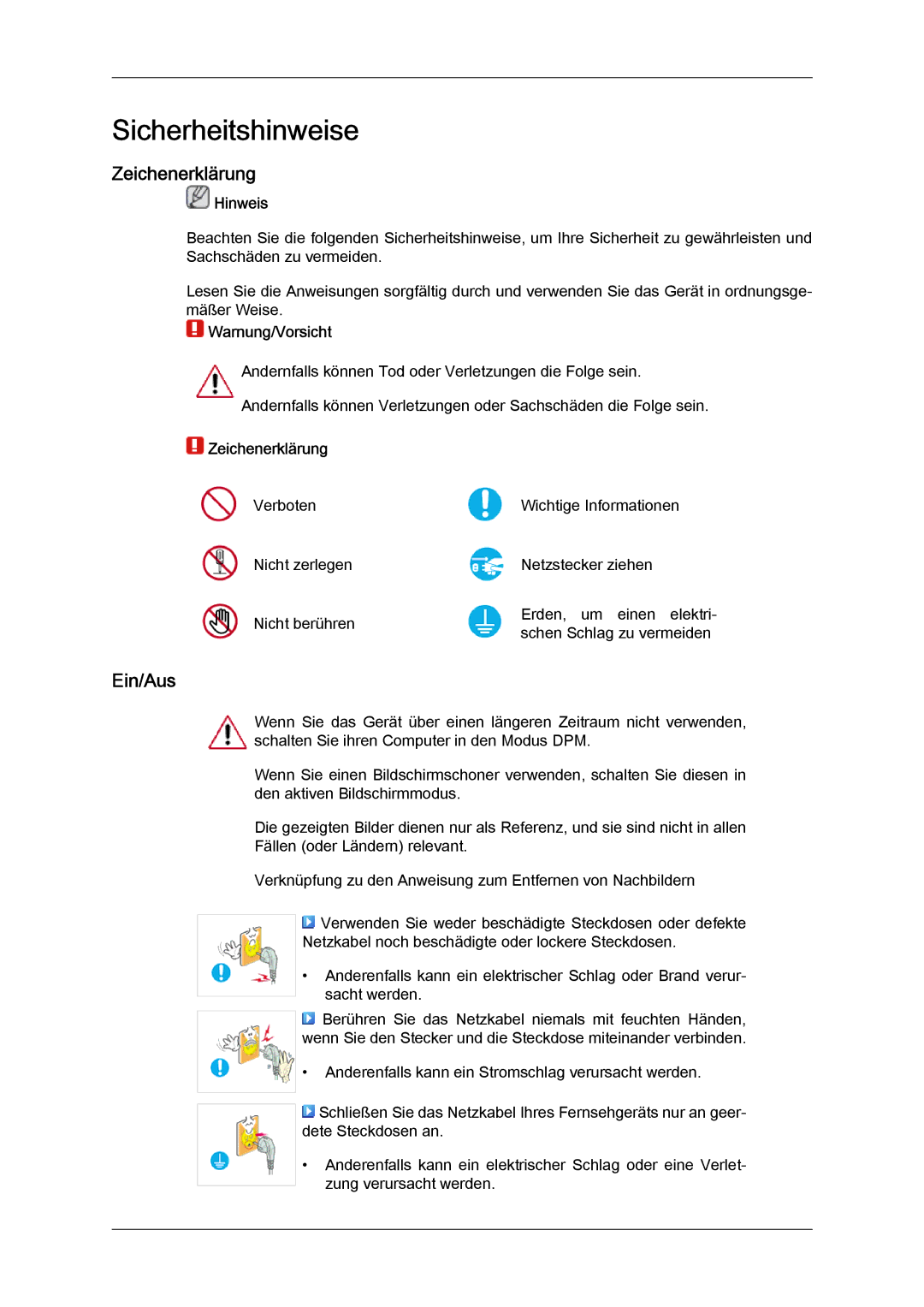 Samsung LS19LFYGFR/EN, LS19LFYGF/EN manual Sicherheitshinweise, Zeichenerklärung, Ein/Aus 