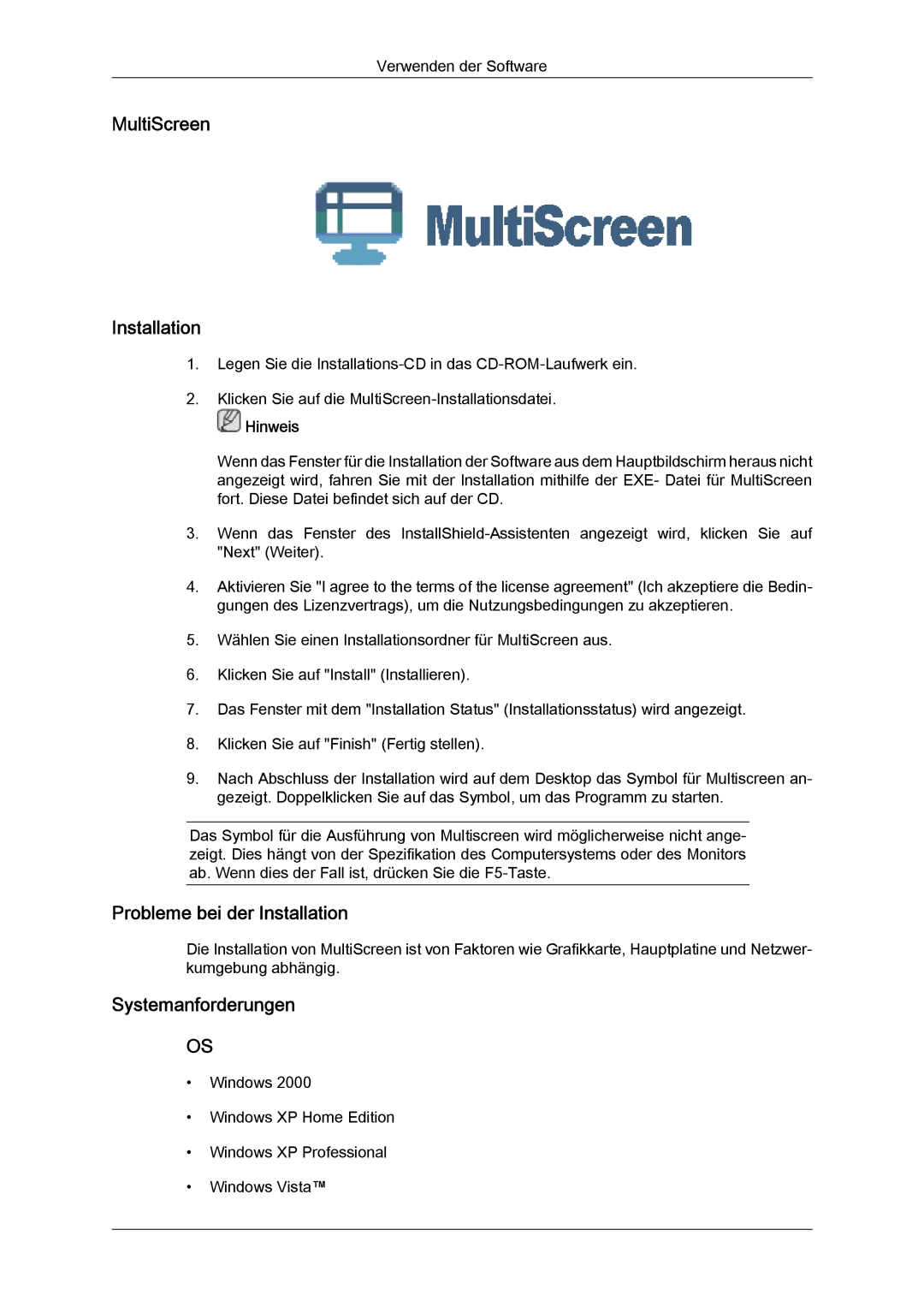 Samsung LS19LFYGF/EN, LS19LFYGFR/EN manual MultiScreen Installation, Probleme bei der Installation, Systemanforderungen 