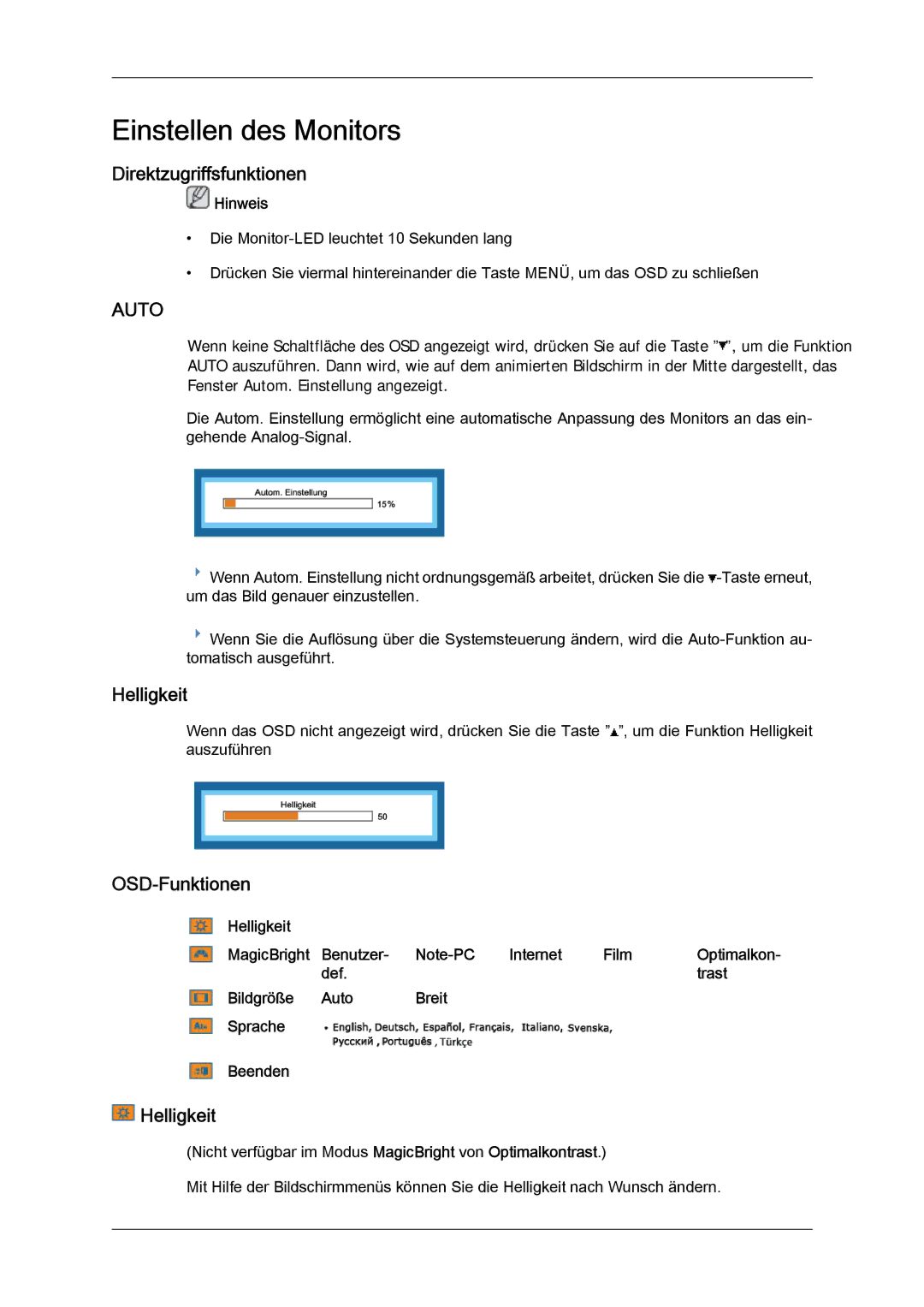 Samsung LS19LFYGF/EN, LS19LFYGFR/EN manual Einstellen des Monitors, Direktzugriffsfunktionen, Helligkeit, OSD-Funktionen 