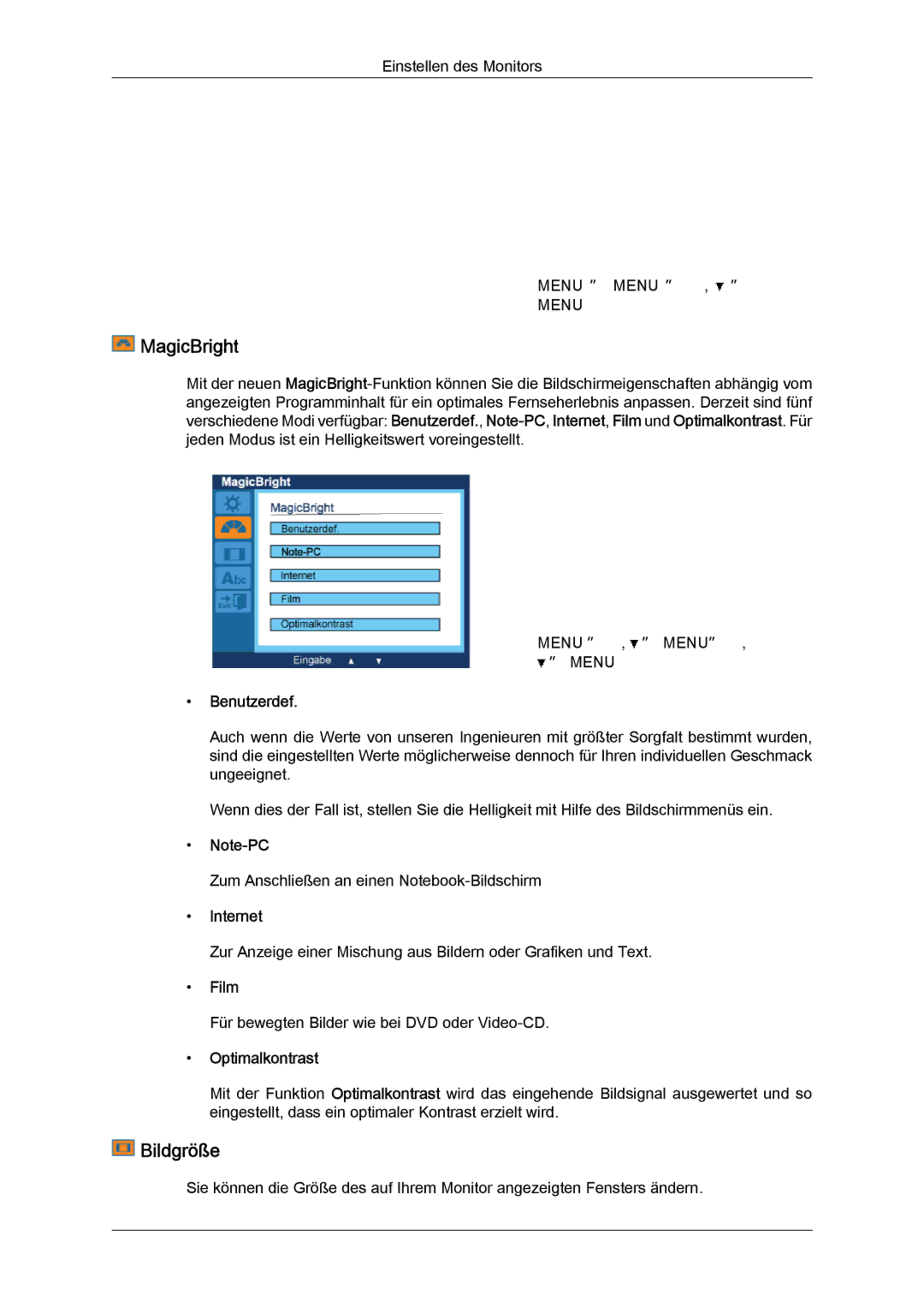 Samsung LS19LFYGFR/EN, LS19LFYGF/EN manual MagicBright, Bildgröße, Benutzerdef, Optimalkontrast 