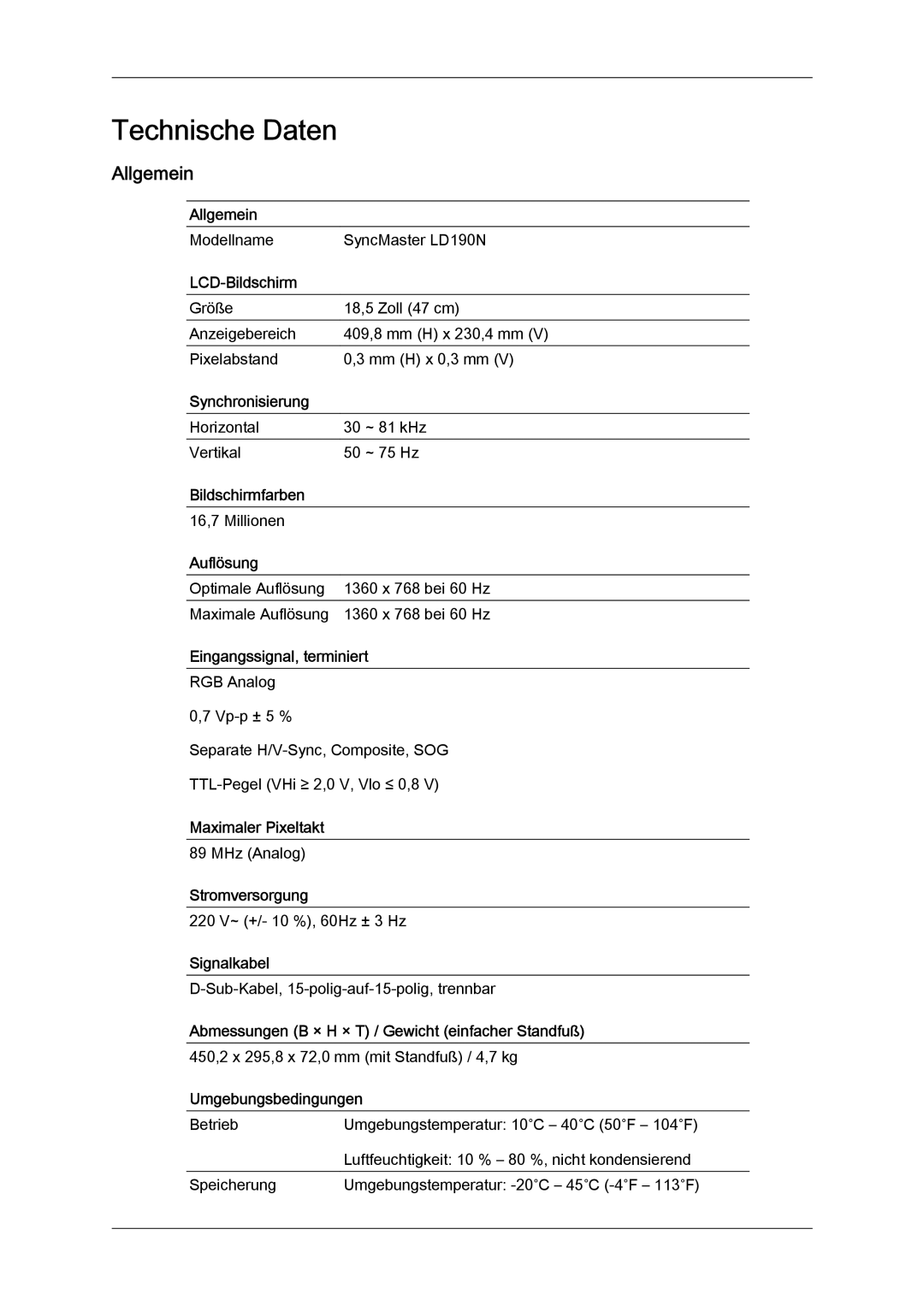 Samsung LS19LFYGF/EN, LS19LFYGFR/EN manual Technische Daten, Allgemein 