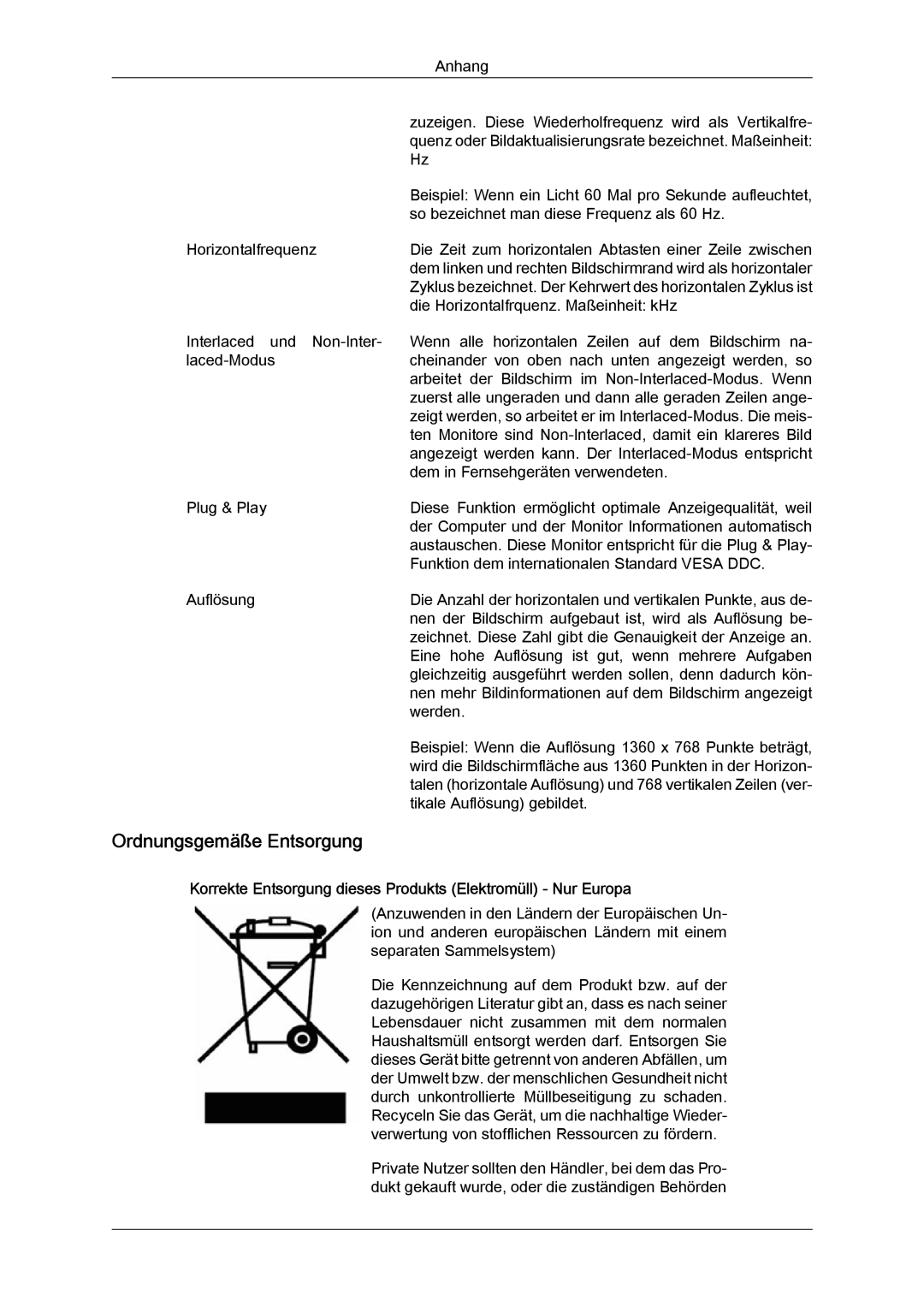 Samsung LS19LFYGF/EN, LS19LFYGFR/EN Ordnungsgemäße Entsorgung, Korrekte Entsorgung dieses Produkts Elektromüll Nur Europa 