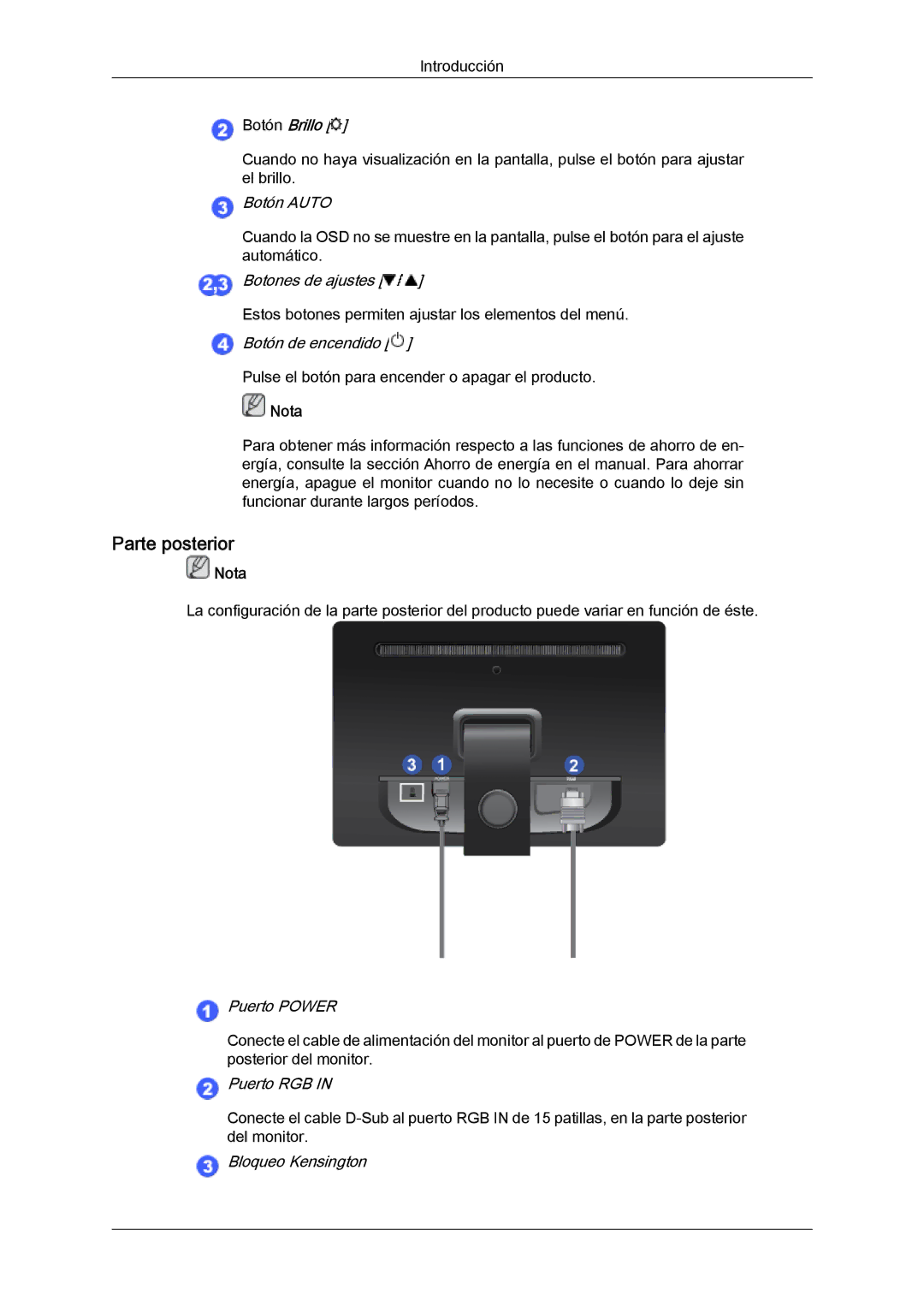 Samsung LS19LFYGFR/EN, LS19LFYGF/EN manual Parte posterior, Puerto Power 