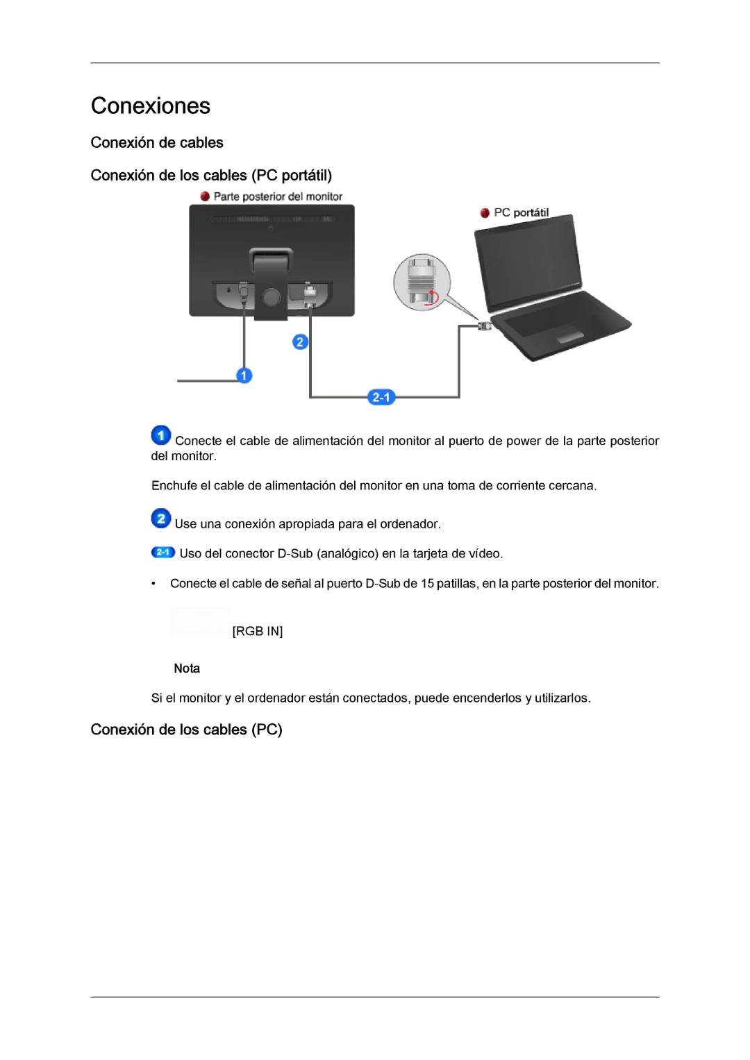 Samsung LS19LFYGFR/EN, LS19LFYGF/EN manual Conexiones, Conexión de cables Conexión de los cables PC portátil 