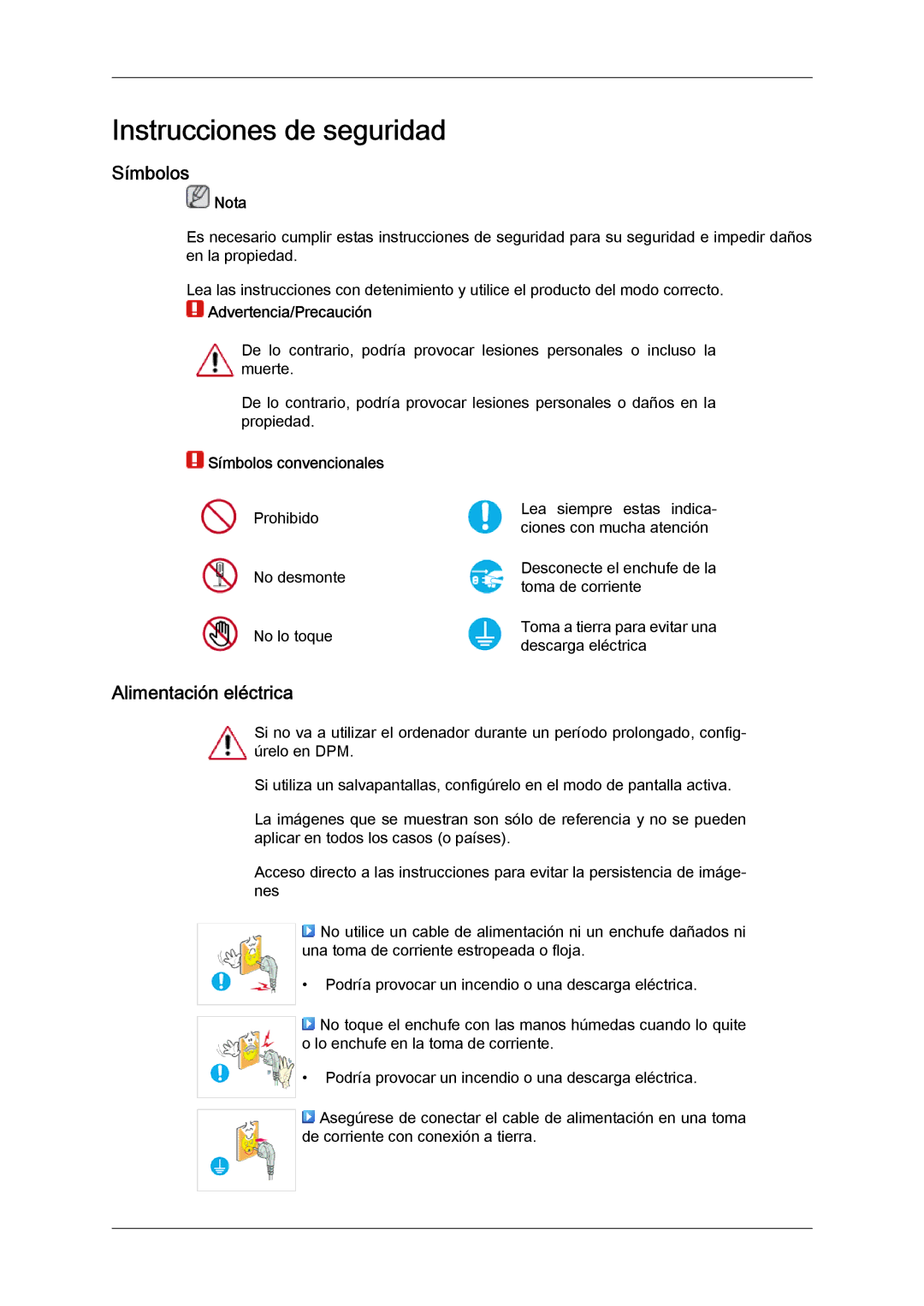 Samsung LS19LFYGFR/EN, LS19LFYGF/EN manual Instrucciones de seguridad, Símbolos, Alimentación eléctrica 