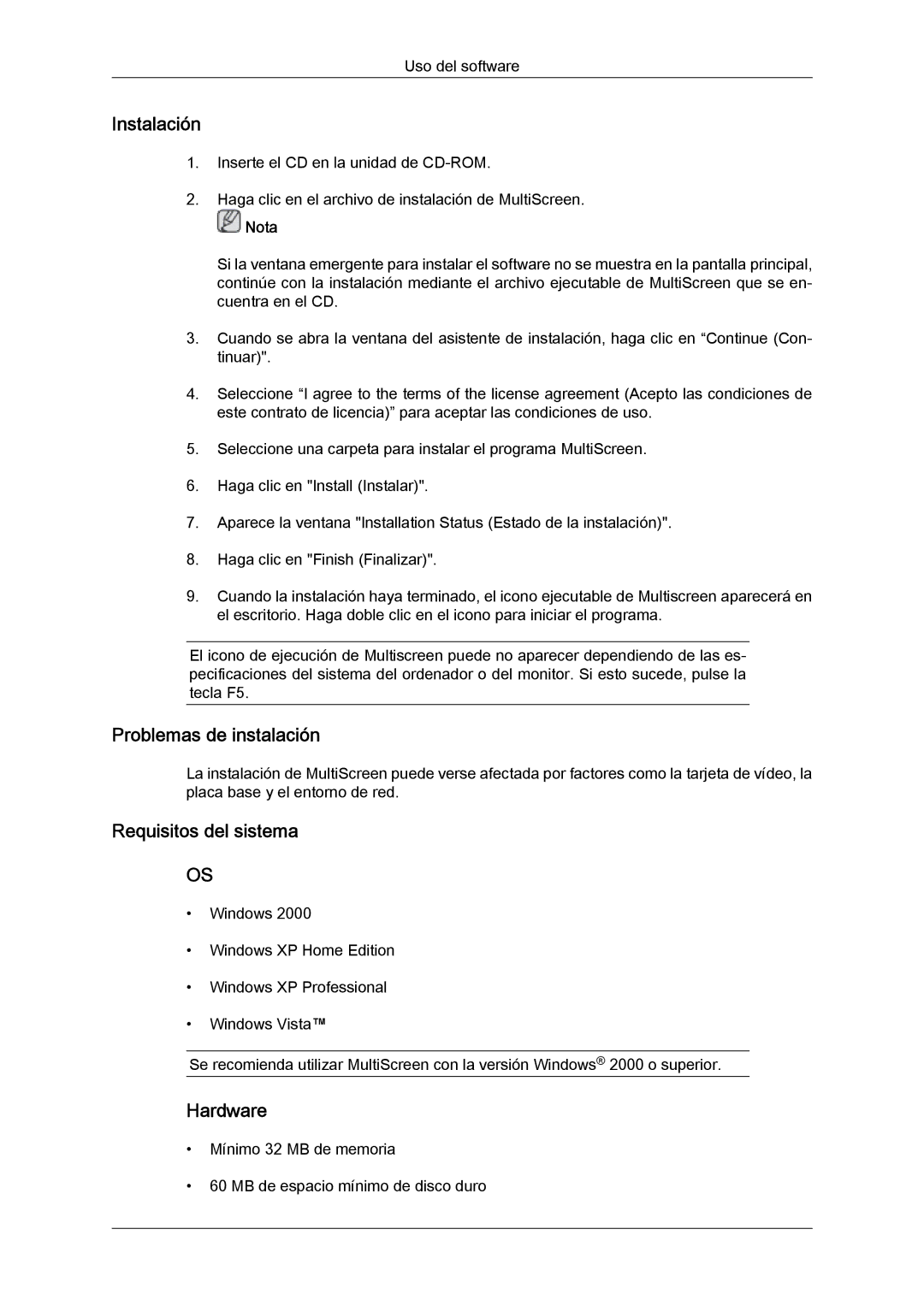 Samsung LS19LFYGF/EN, LS19LFYGFR/EN manual Problemas de instalación, Requisitos del sistema, Hardware 