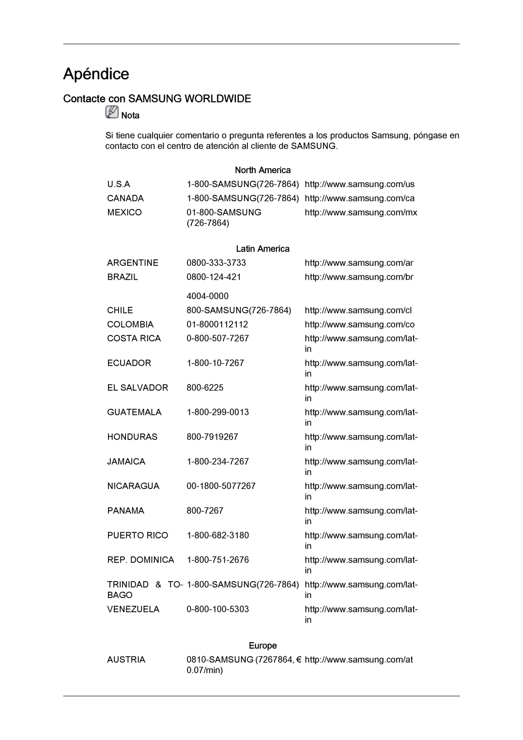 Samsung LS19LFYGF/EN, LS19LFYGFR/EN manual Apéndice, Contacte con Samsung Worldwide, North America, Latin America, Europe 