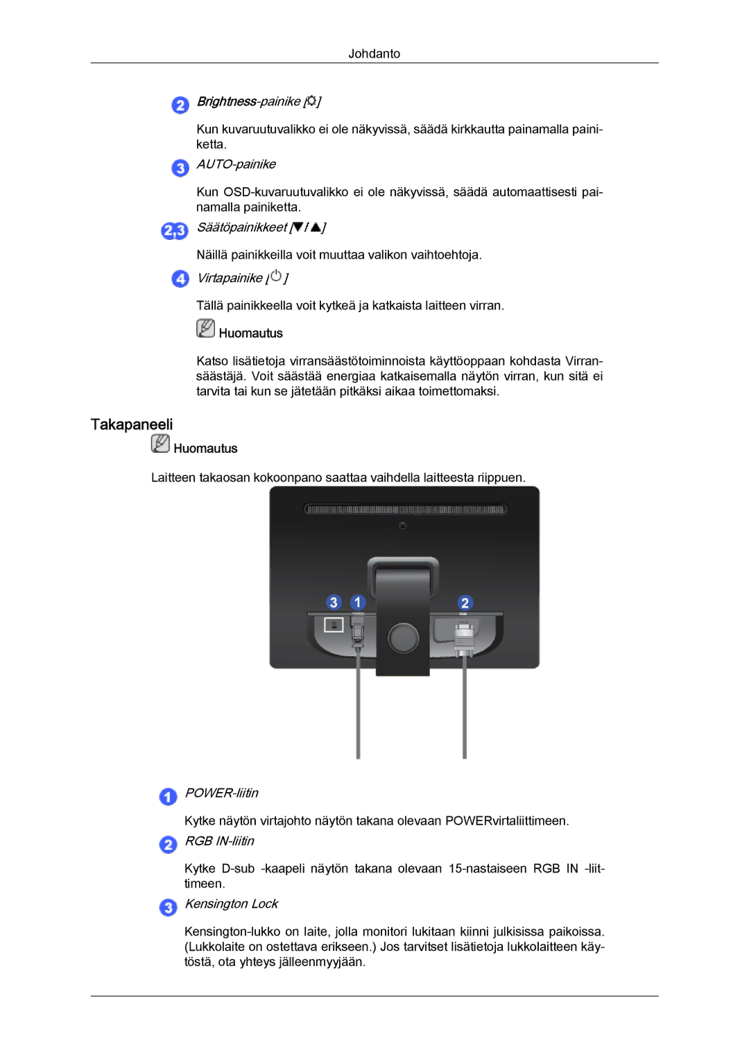 Samsung LS19LFYGF/EN, LS19LFYGFR/EN manual Takapaneeli, Brightness-painike 