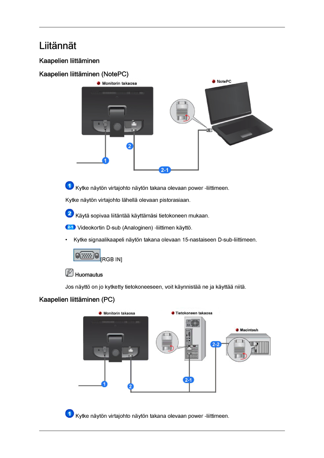 Samsung LS19LFYGF/EN manual Liitännät, Kaapelien liittäminen Kaapelien liittäminen NotePC, Kaapelien liittäminen PC 