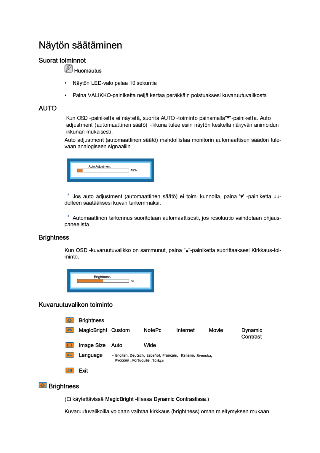 Samsung LS19LFYGF/EN, LS19LFYGFR/EN manual Näytön säätäminen, Suorat toiminnot, Brightness, Kuvaruutuvalikon toiminto 